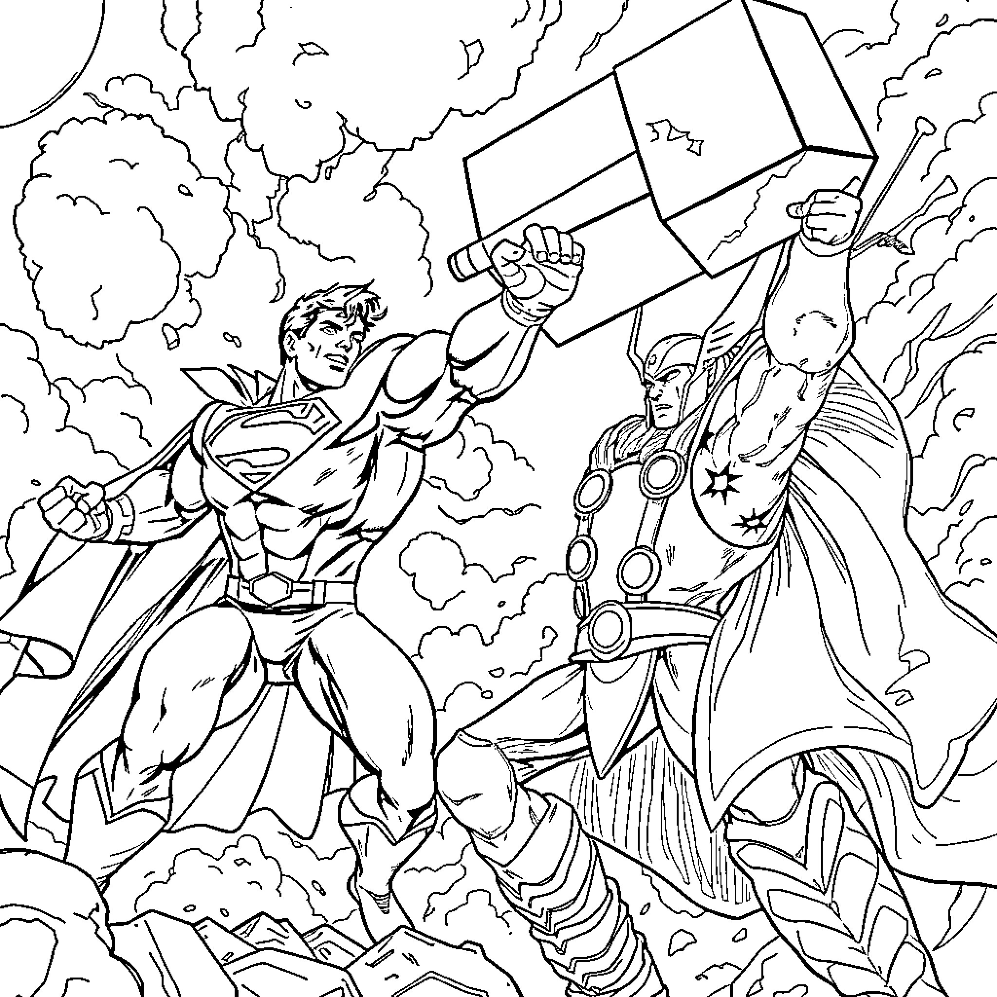 Superman battling against a powerful villain in an epic confrontation Coloring Page (free black-and-white line drawing printable PDF for all, from beginners to advanced learners, including children, teens, adults, and seniors)