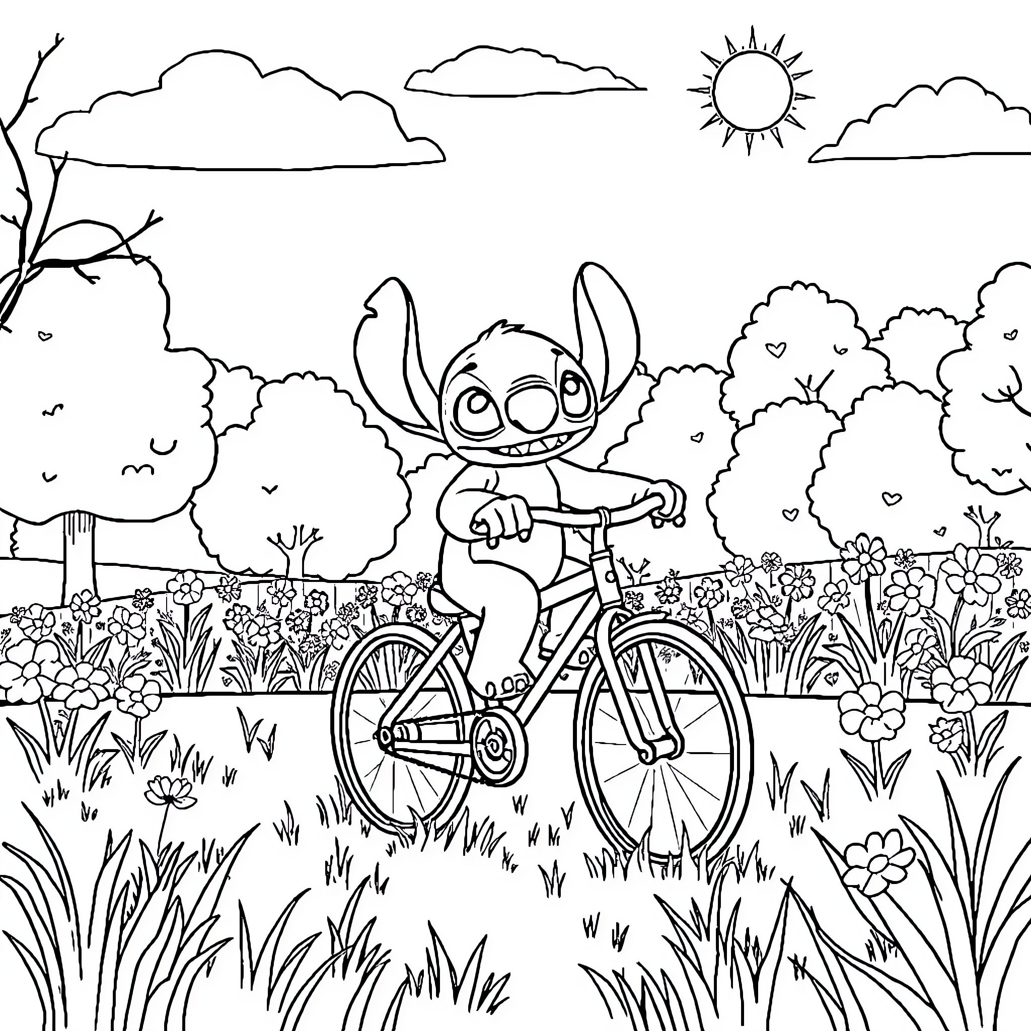 Stitch enjoying a bike ride through nature Coloring Page (free black-and-white line drawing printable PDF for all, from beginners to advanced learners, including children, teens, adults, and seniors)