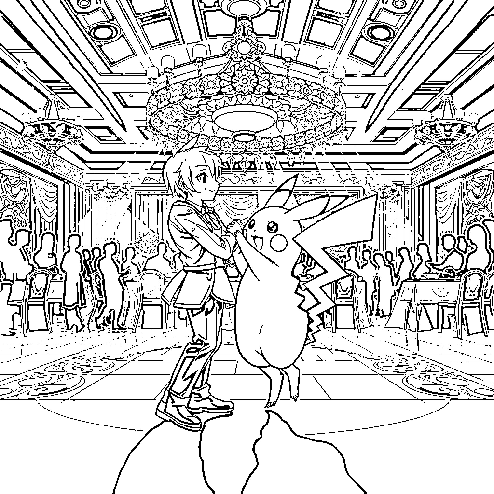 Rumi's Magical Adventure with Pikachu Coloring Page (free black-and-white line drawing printable PDF for all, from beginners to advanced learners, including children, teens, adults, and seniors)