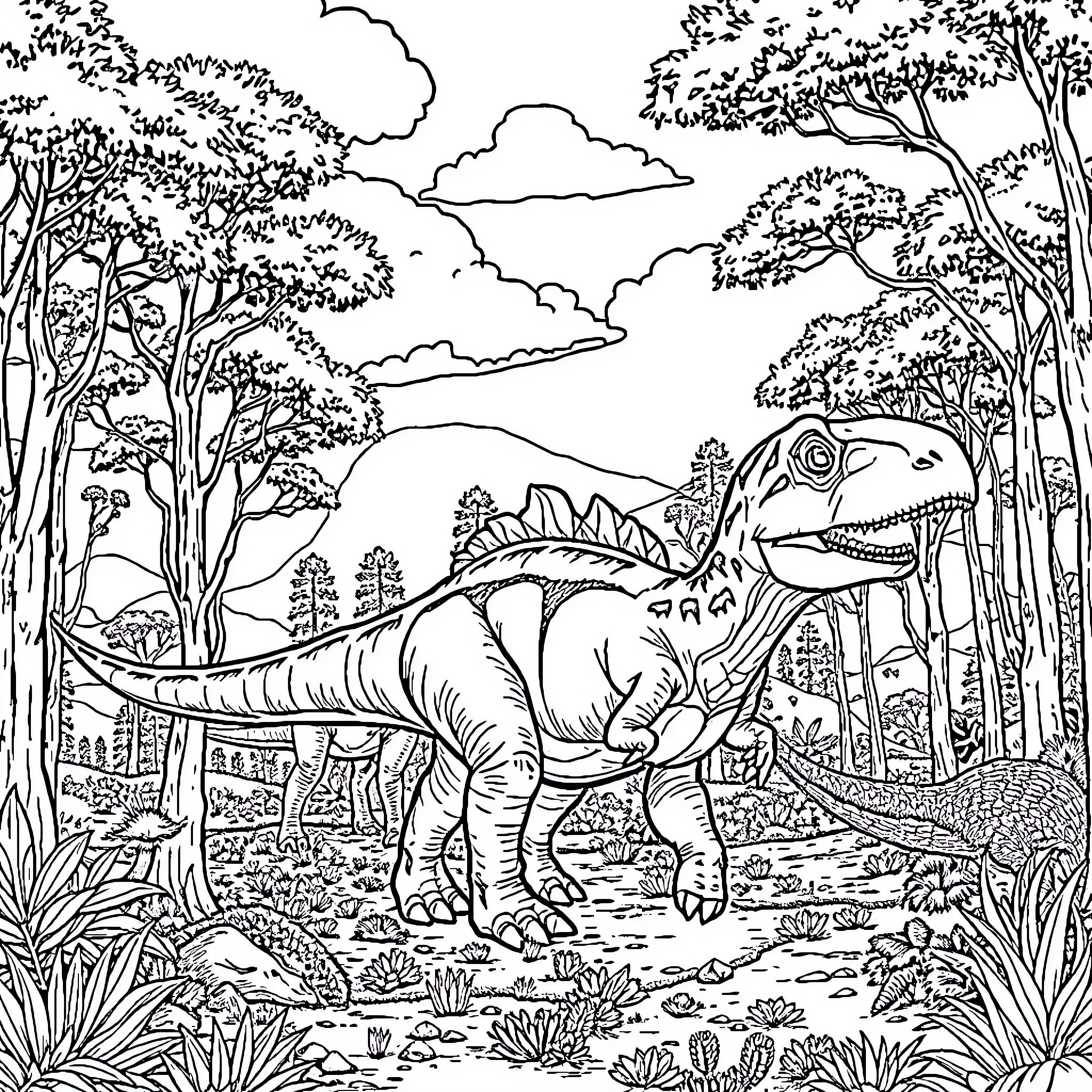 Dinosaur strolling through lush forest landscape Coloring Page (free black-and-white line drawing printable PDF for all, from beginners to advanced learners, including children, teens, adults, and seniors)