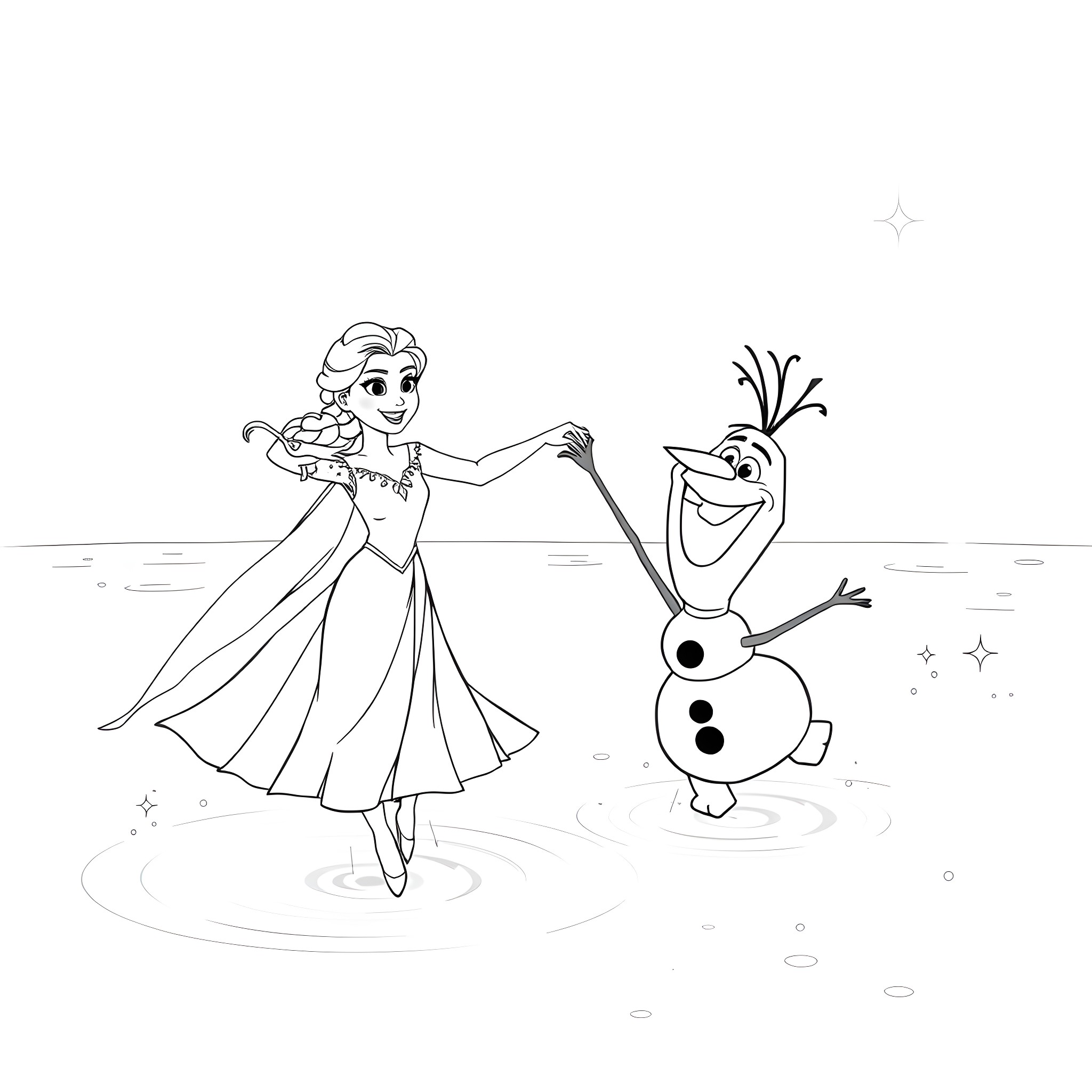 Elsa dancing cheerfully with Olaf Coloring Page (free black-and-white line drawing printable PDF for all, from beginners to advanced learners, including children, teens, adults, and seniors)