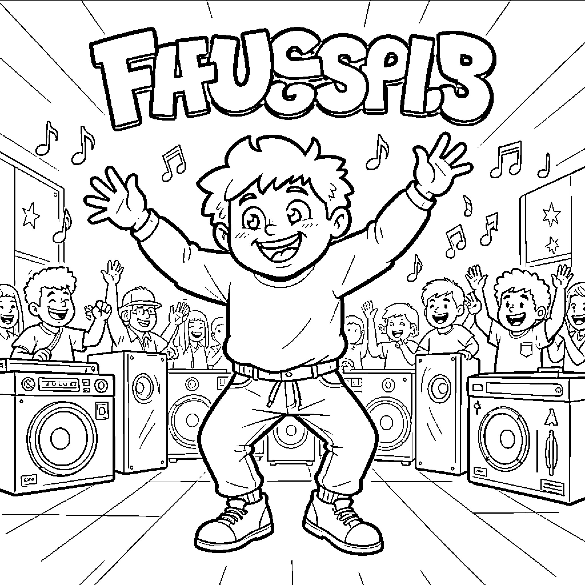 Fuggler boy dancing joyfully with speakers and music notes Coloring Page (free black-and-white line drawing printable PDF for all, from beginners to advanced learners, including children, teens, adults, and seniors)