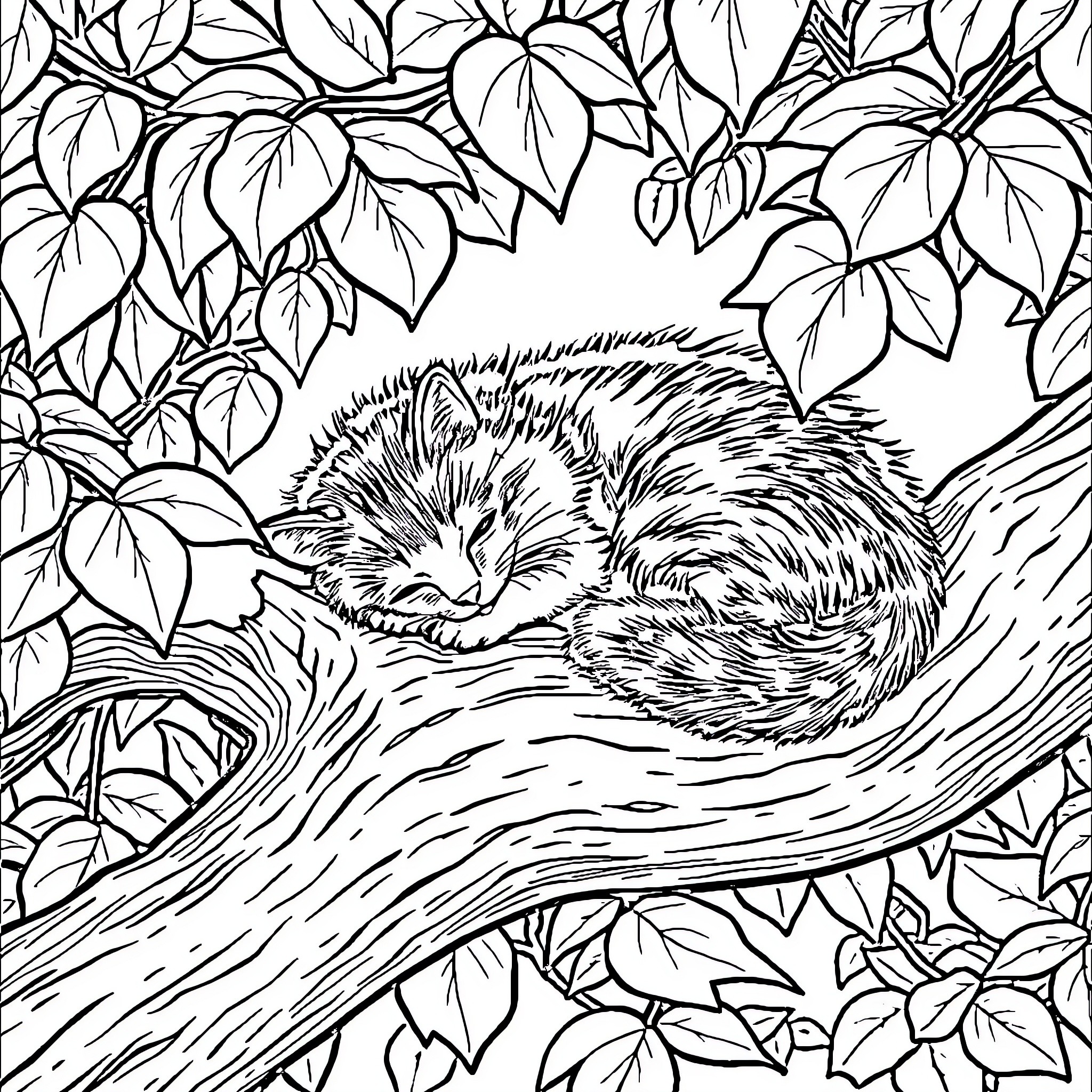 Cat Resting Peacefully on Tree Branch Coloring Page (free black-and-white line drawing printable PDF for all, from beginners to advanced learners, including children, teens, adults, and seniors)