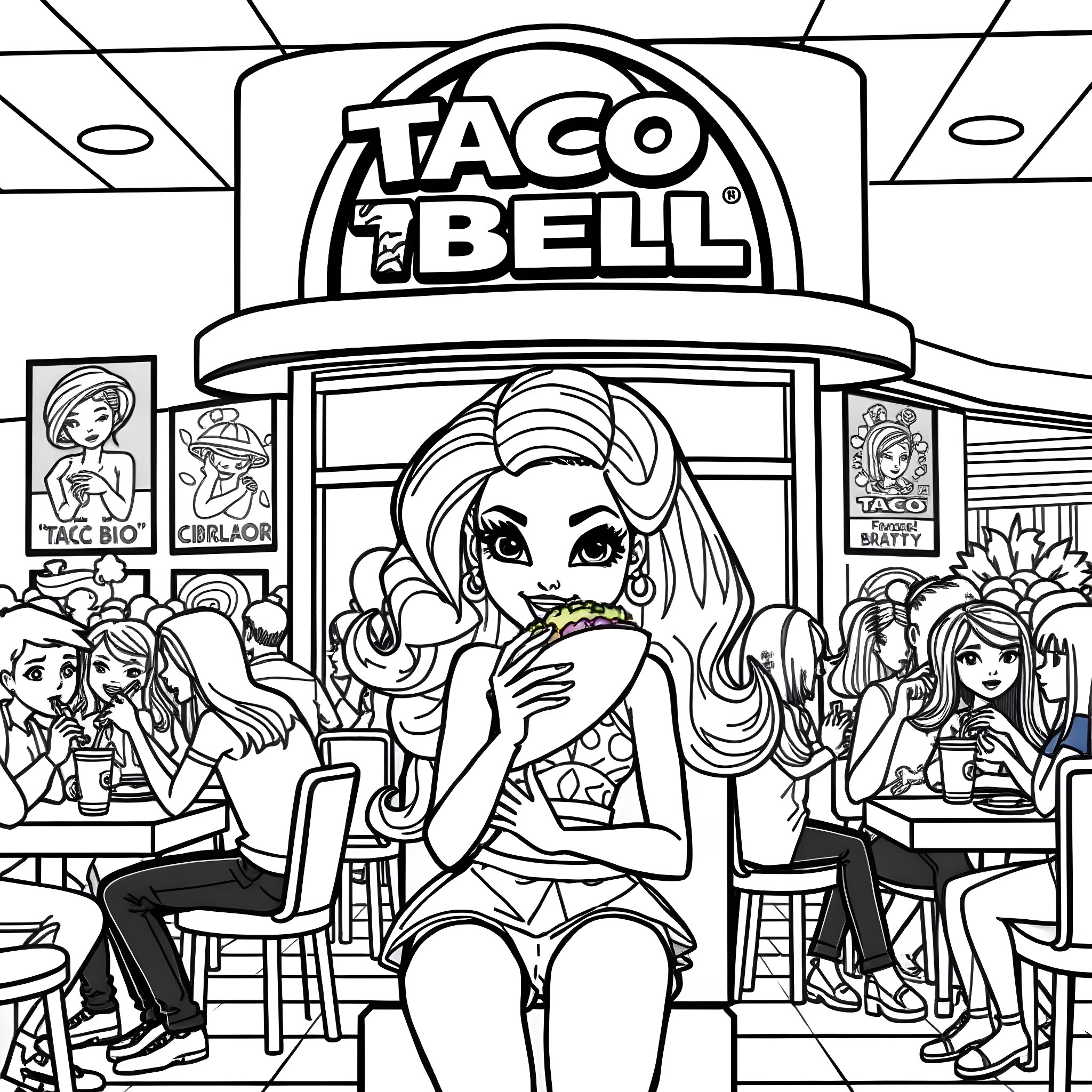 Bratz Doll at Taco Bell Coloring Page (free black-and-white line drawing printable PDF for all, from beginners to advanced learners, including children, teens, adults, and seniors)