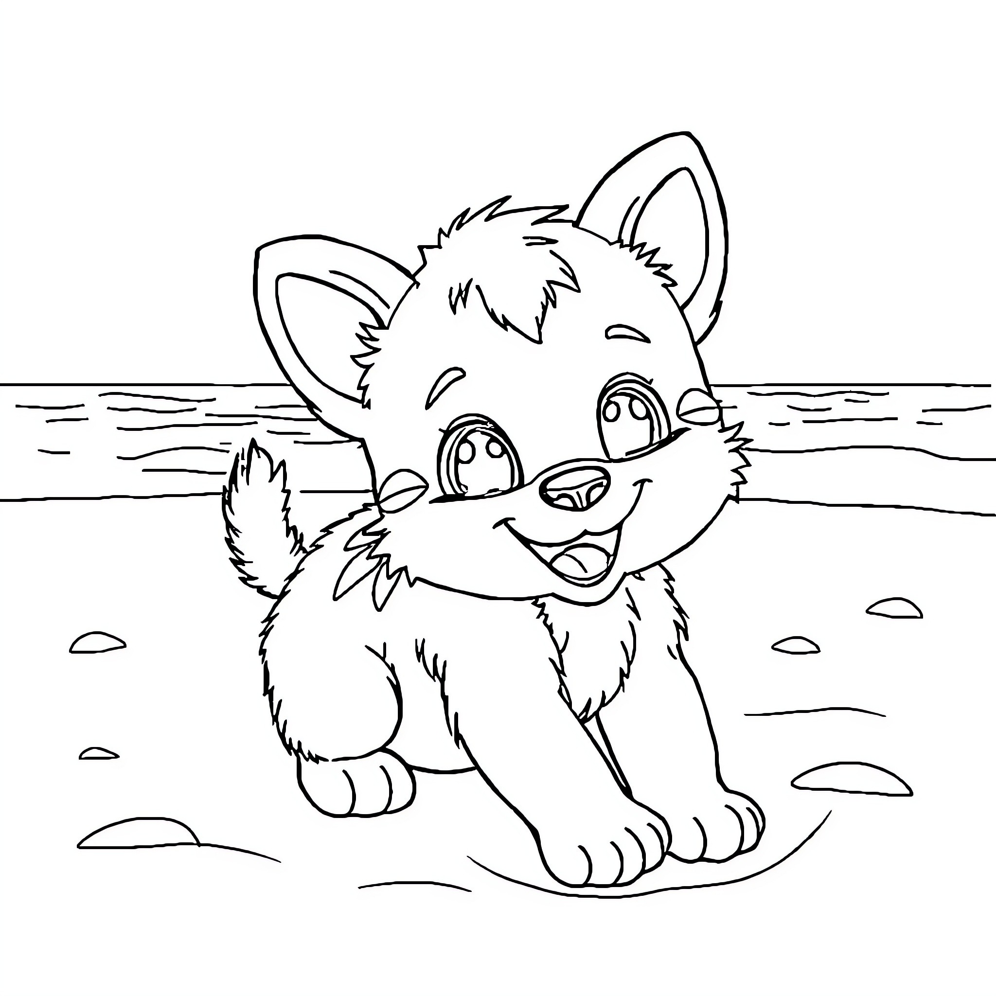 Casimir the Playful Puppy by the Seaside Coloring Page (free black-and-white line drawing printable PDF for all, from beginners to advanced learners, including children, teens, adults, and seniors)