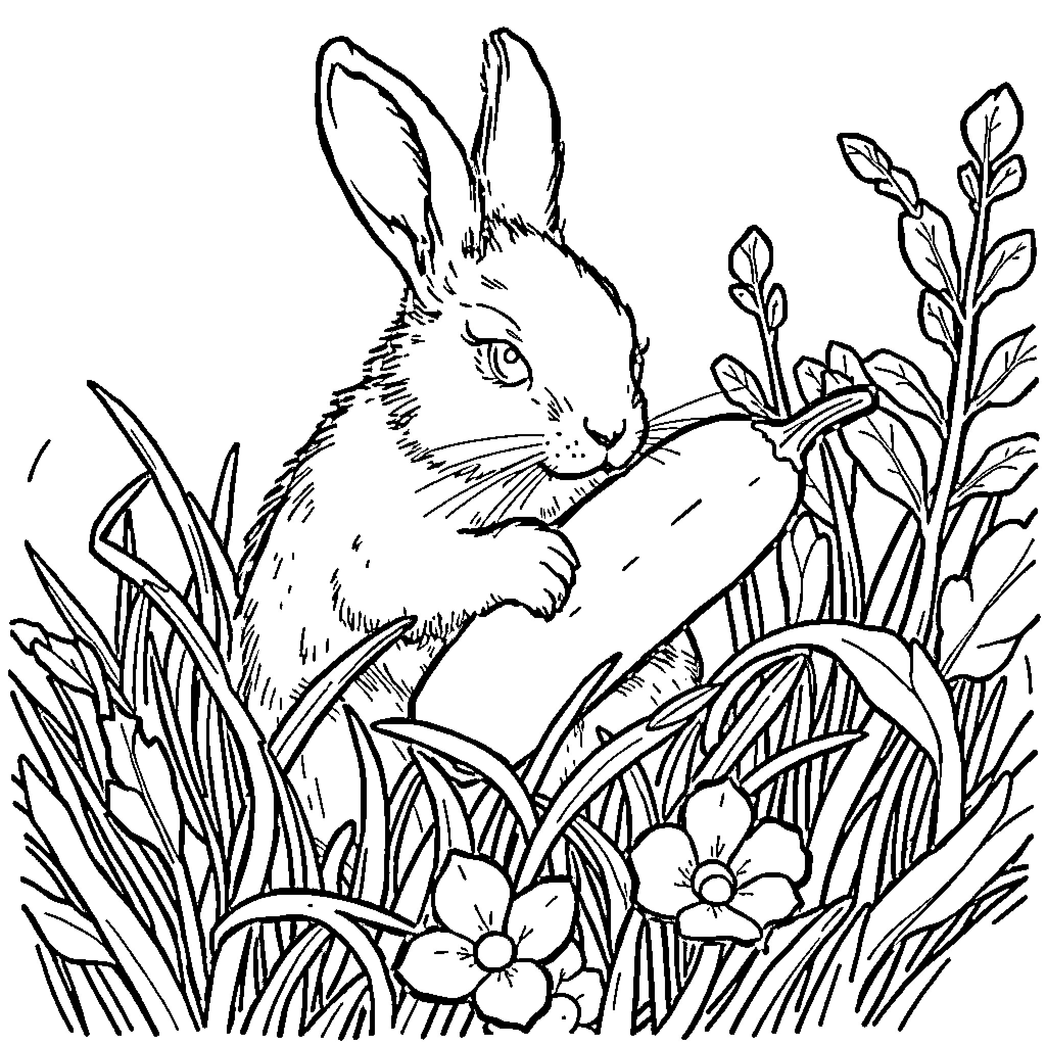 Rabbit exploring the lush garden Coloring Page (free black-and-white line drawing printable PDF for all, from beginners to advanced learners, including children, teens, adults, and seniors)