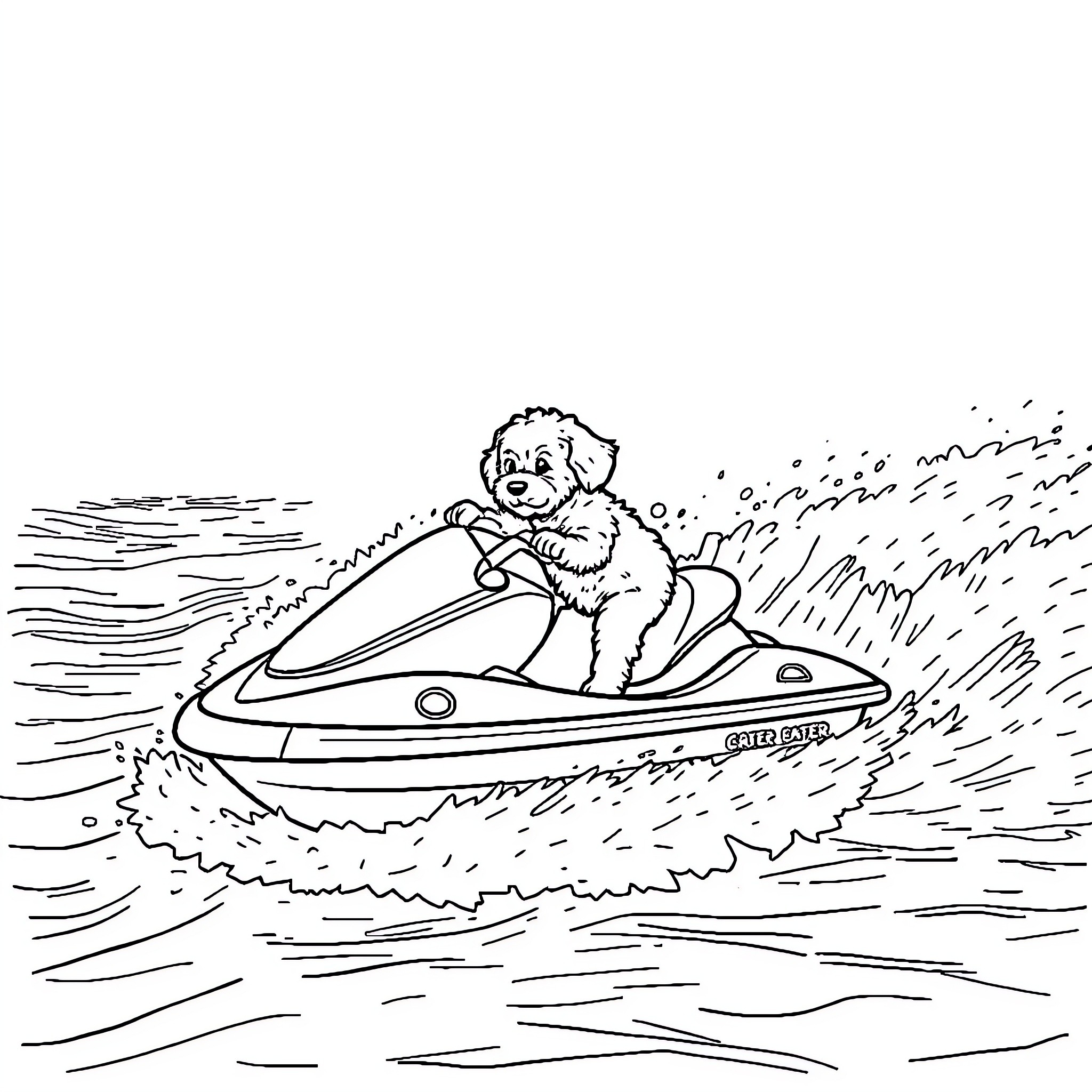 Doodle of a dog riding a jet ski on the water Coloring Page (free black-and-white line drawing printable PDF for all, from beginners to advanced learners, including children, teens, adults, and seniors)