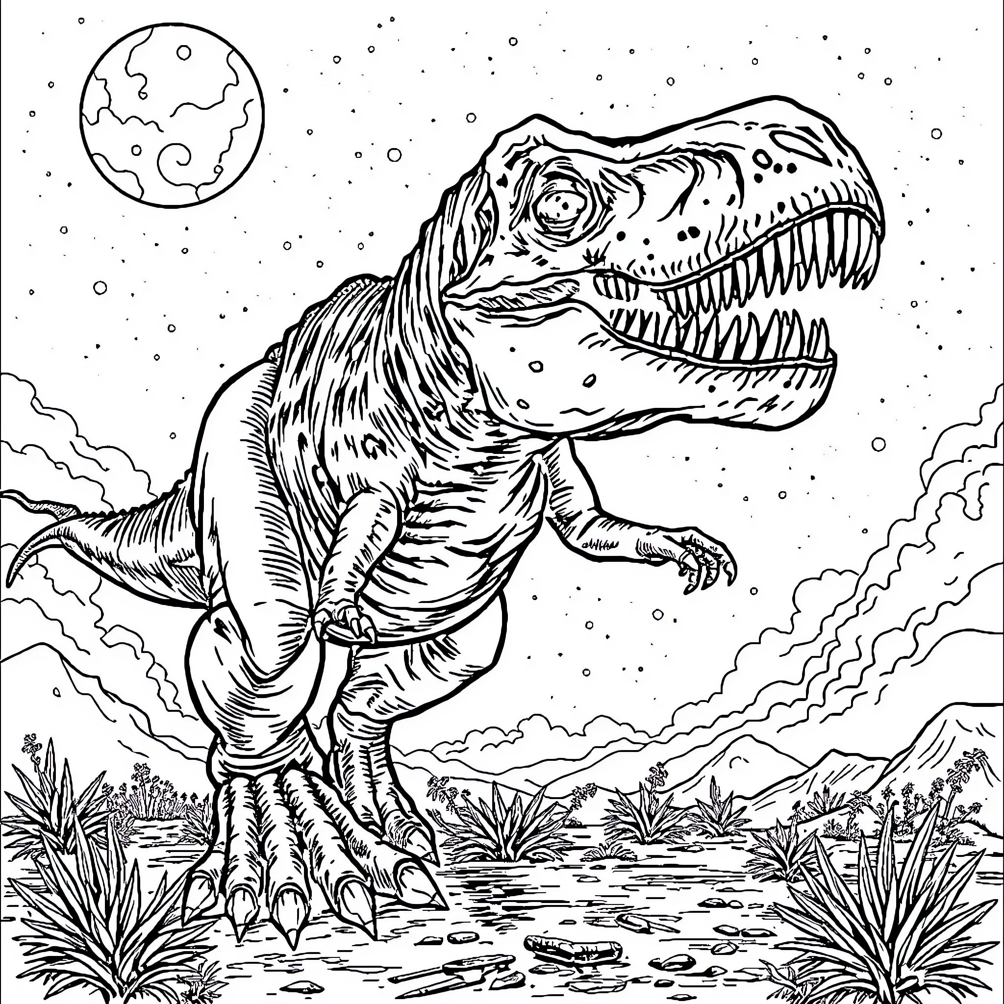 Tyrannosaurus roaring in the prehistoric landscape Coloring Page (free black-and-white line drawing printable PDF for all, from beginners to advanced learners, including children, teens, adults, and seniors)