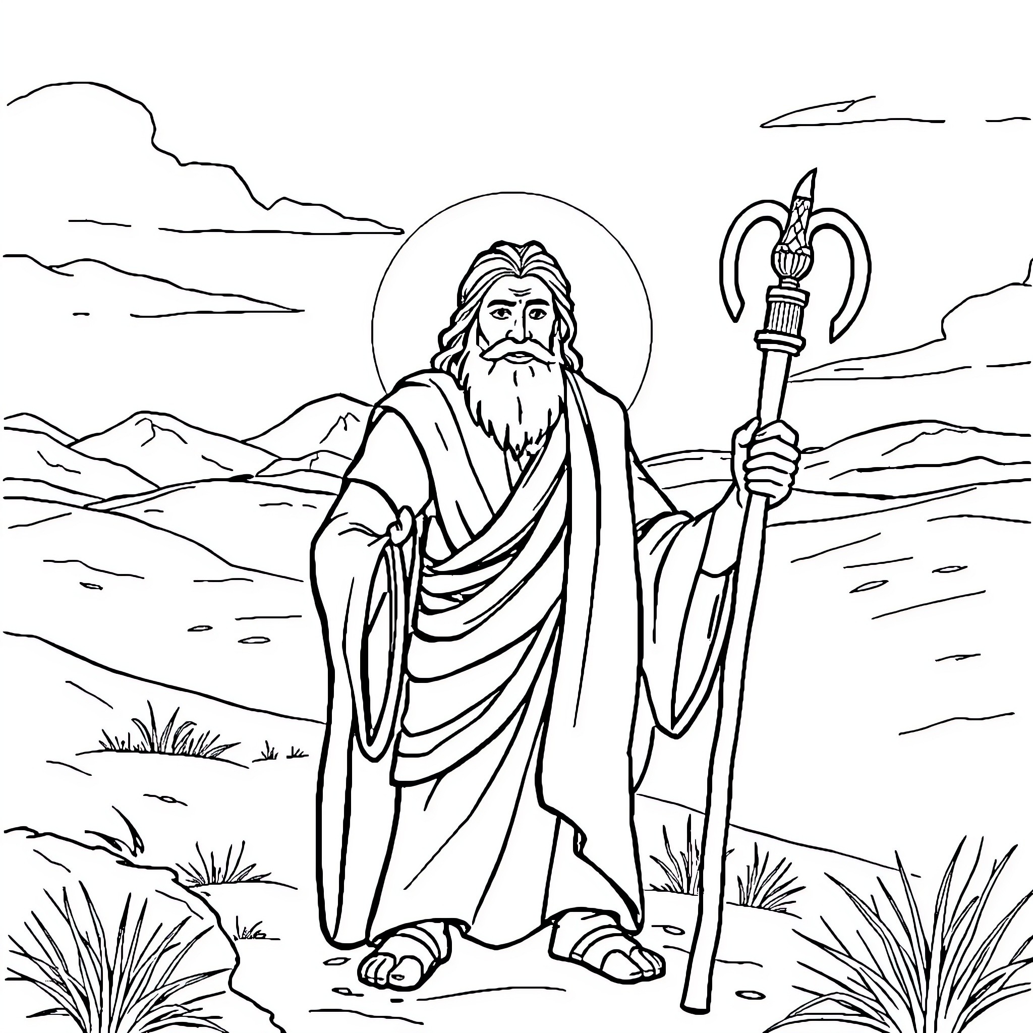 Moses the Lawgiver in the Wilderness Coloring Page (free black-and-white line drawing printable PDF for all, from beginners to advanced learners, including children, teens, adults, and seniors)