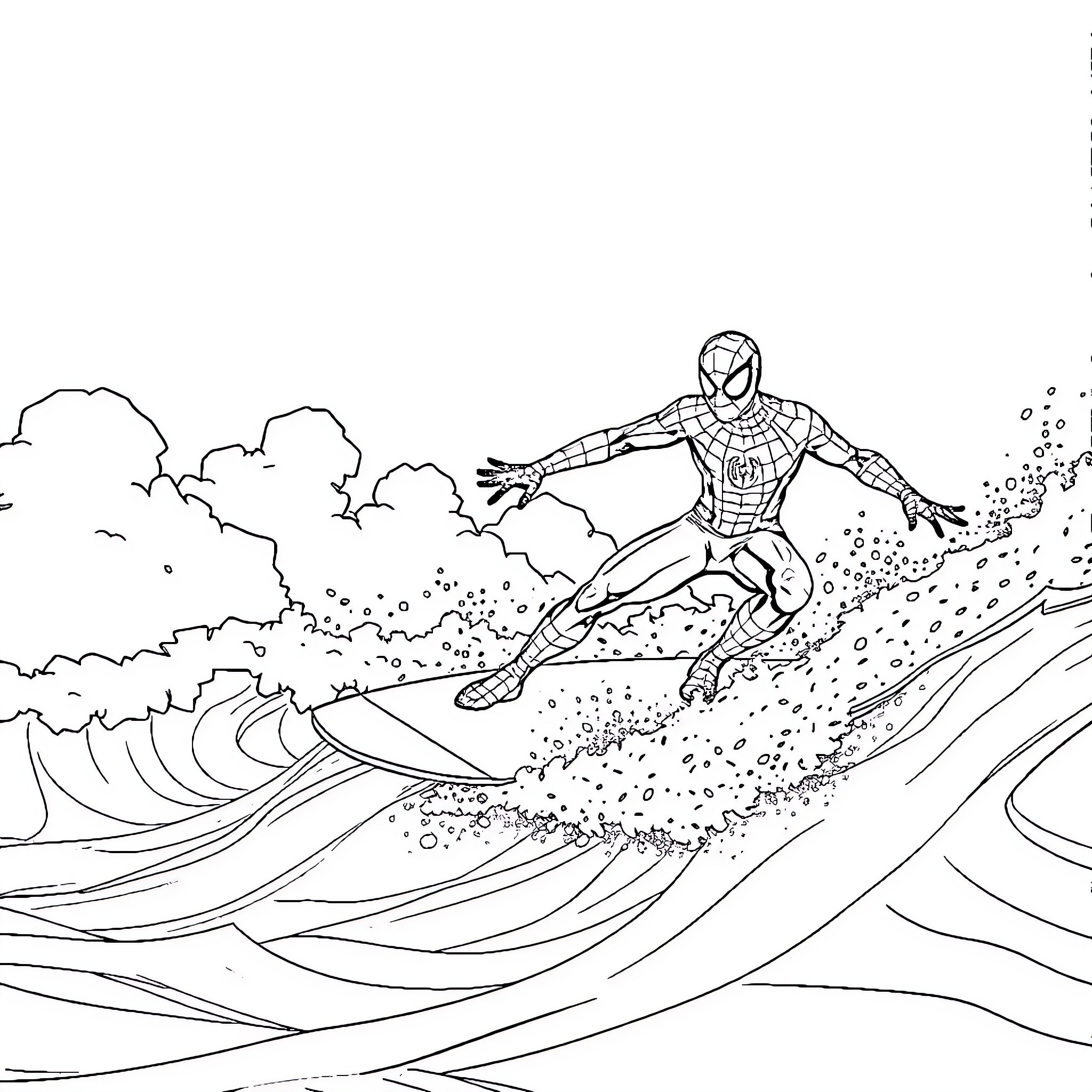 Spiderman surfing the waves in action Coloring Page (free black-and-white line drawing printable PDF for all, from beginners to advanced learners, including children, teens, adults, and seniors)