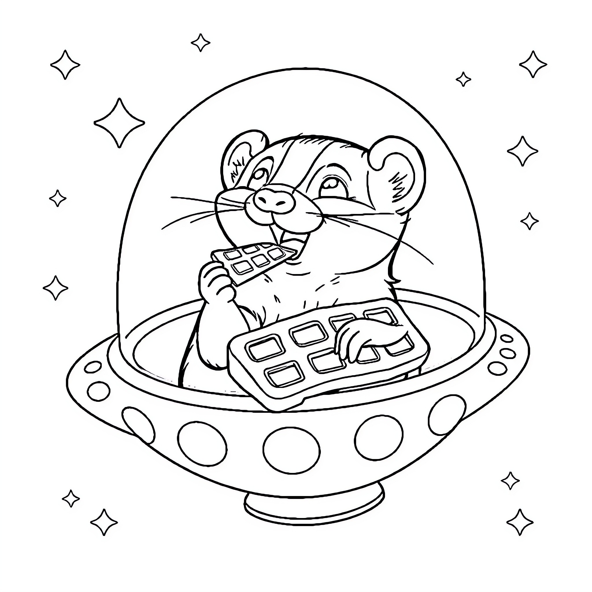 Ferret piloting a UFO with gaming console Coloring Page (free black-and-white line drawing printable PDF for all, from beginners to advanced learners, including children, teens, adults, and seniors)