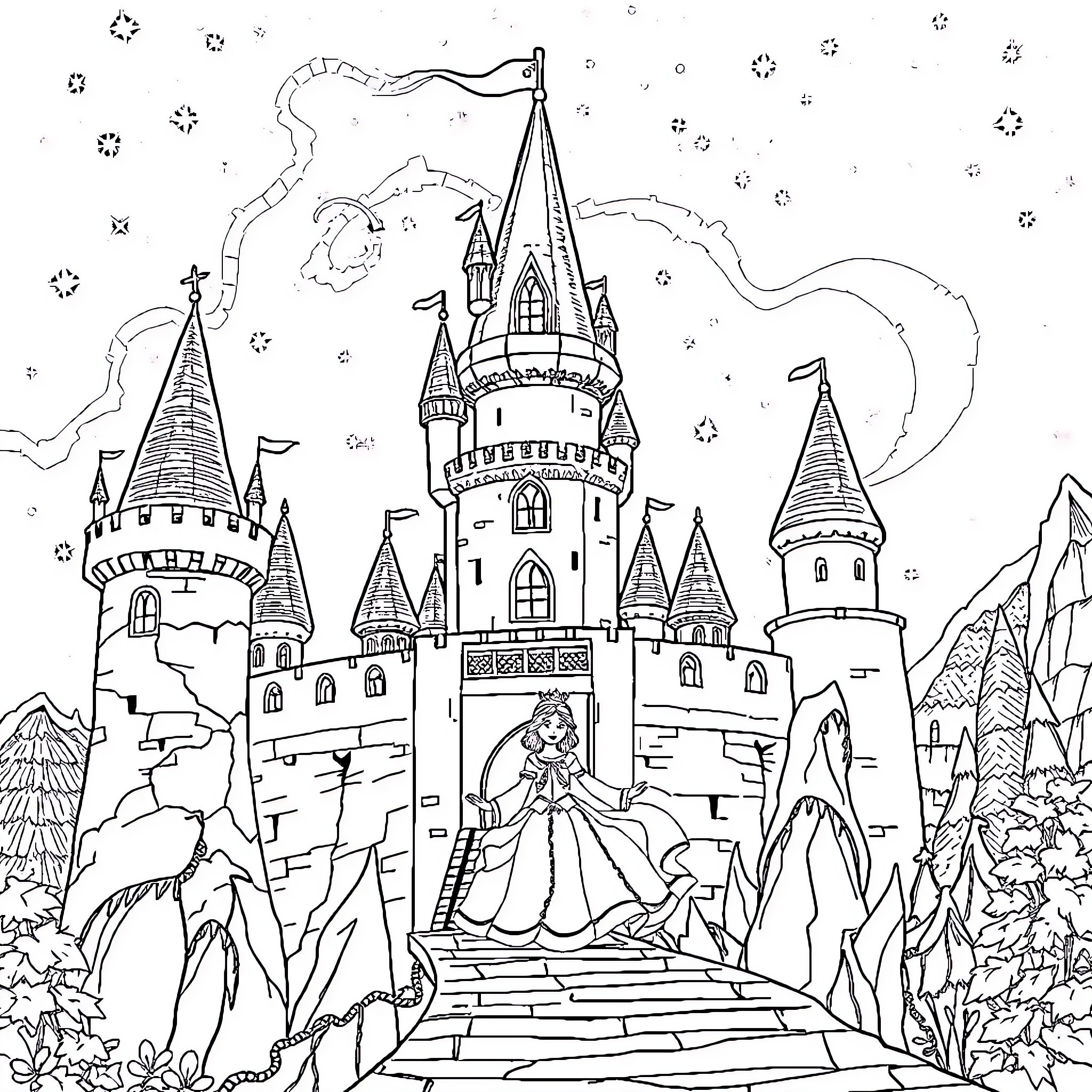 Princess in a Magical Castle Landscape Coloring Page (free black-and-white line drawing printable PDF for all, from beginners to advanced learners, including children, teens, adults, and seniors)