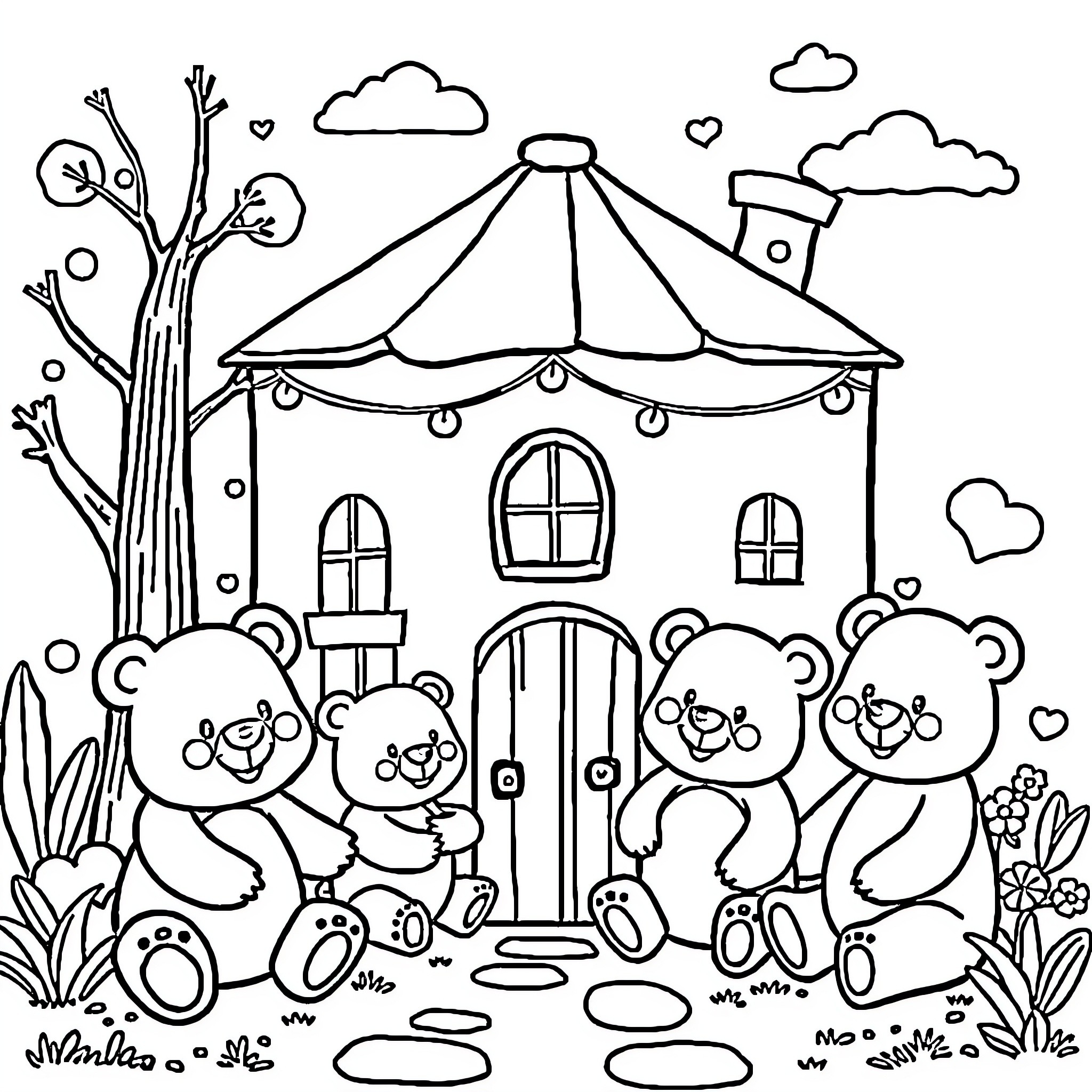 House with Playful Cartoon Bears in a Garden Coloring Page (free black-and-white line drawing printable PDF for all, from beginners to advanced learners, including children, teens, adults, and seniors)