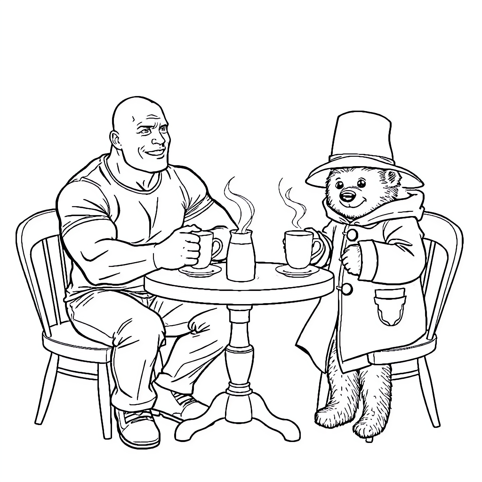 John Cena Shares Coffee Break with Paddington Bear Coloring Page (free black-and-white line drawing printable PDF for all, from beginners to advanced learners, including children, teens, adults, and seniors)