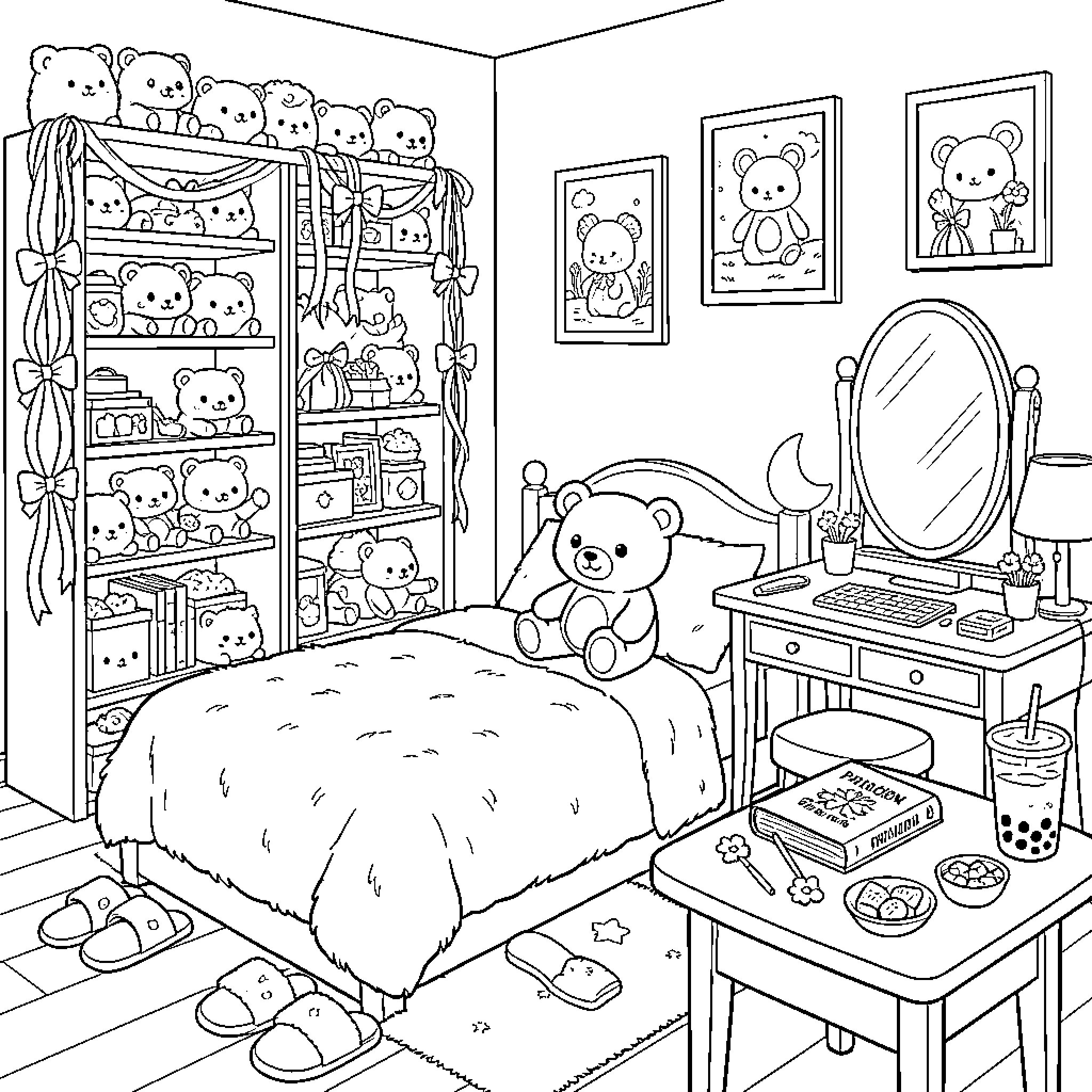 Bedroom filled with many cute teddy bears Coloring Page (free black-and-white line drawing printable PDF for all, from beginners to advanced learners, including children, teens, adults, and seniors)