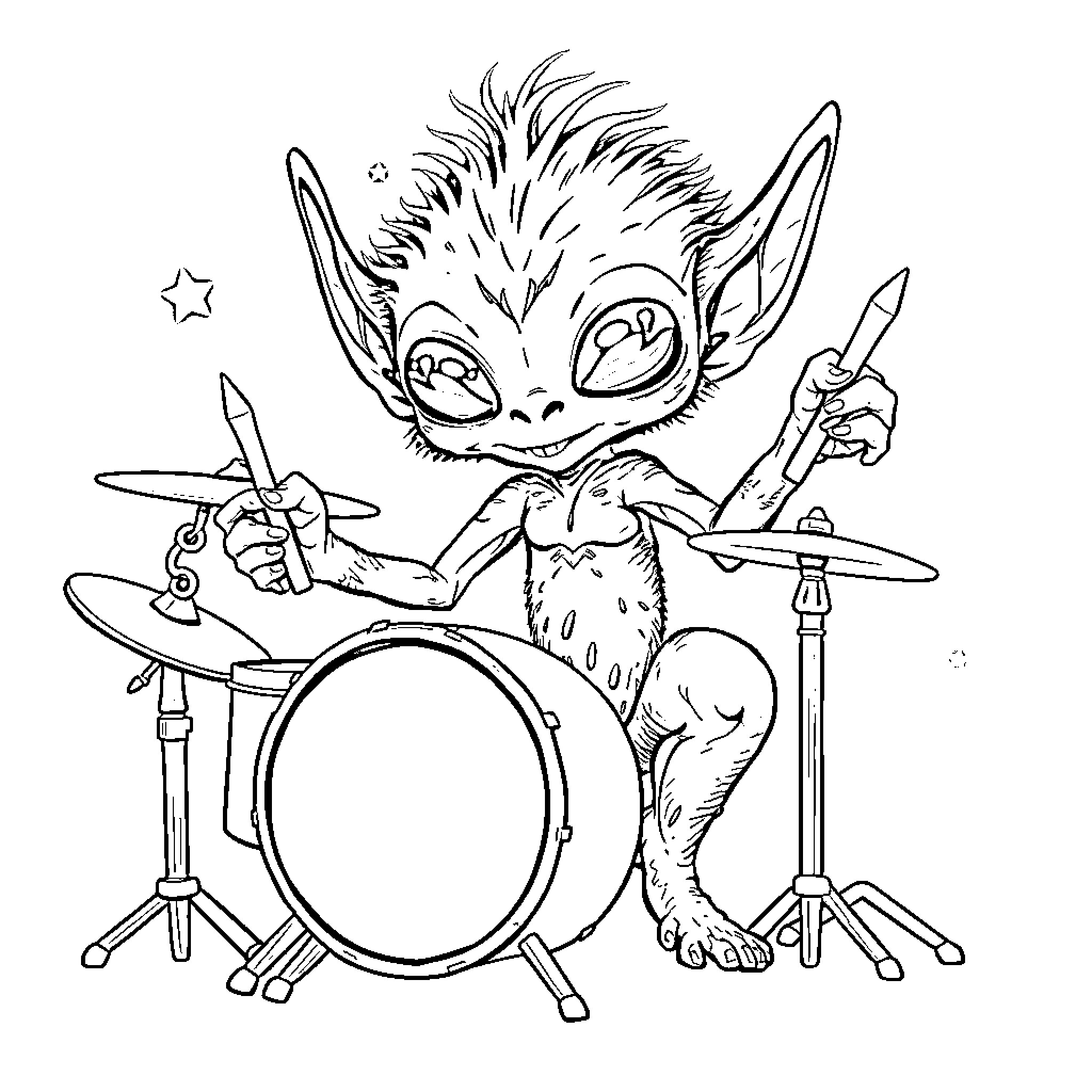 Alien Creature Playing Drums Enthusiastically Coloring Page (free black-and-white line drawing printable PDF for all, from beginners to advanced learners, including children, teens, adults, and seniors)
