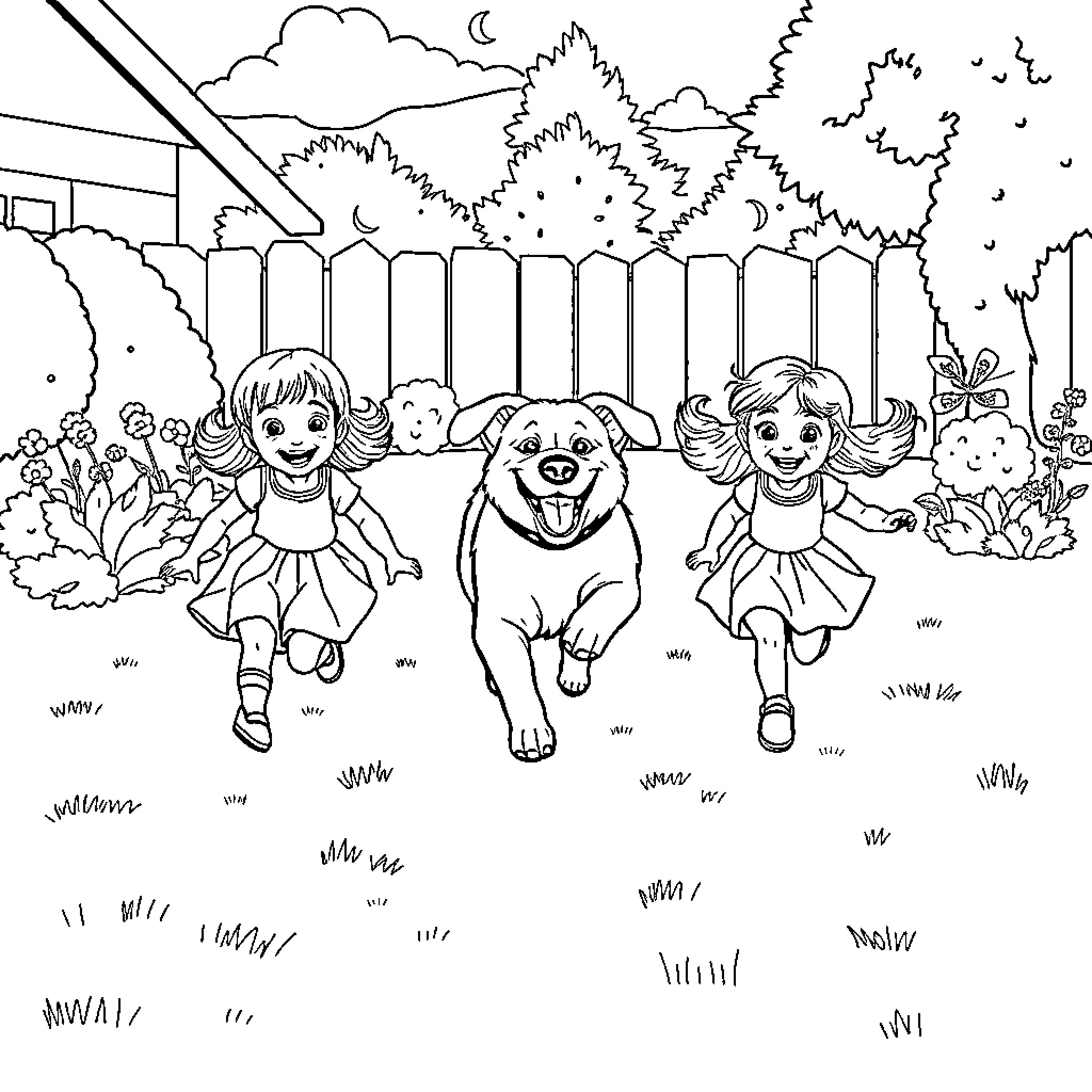 Dog and girls playing joyfully in the backyard Coloring Page (free black-and-white line drawing printable PDF for all, from beginners to advanced learners, including children, teens, adults, and seniors)