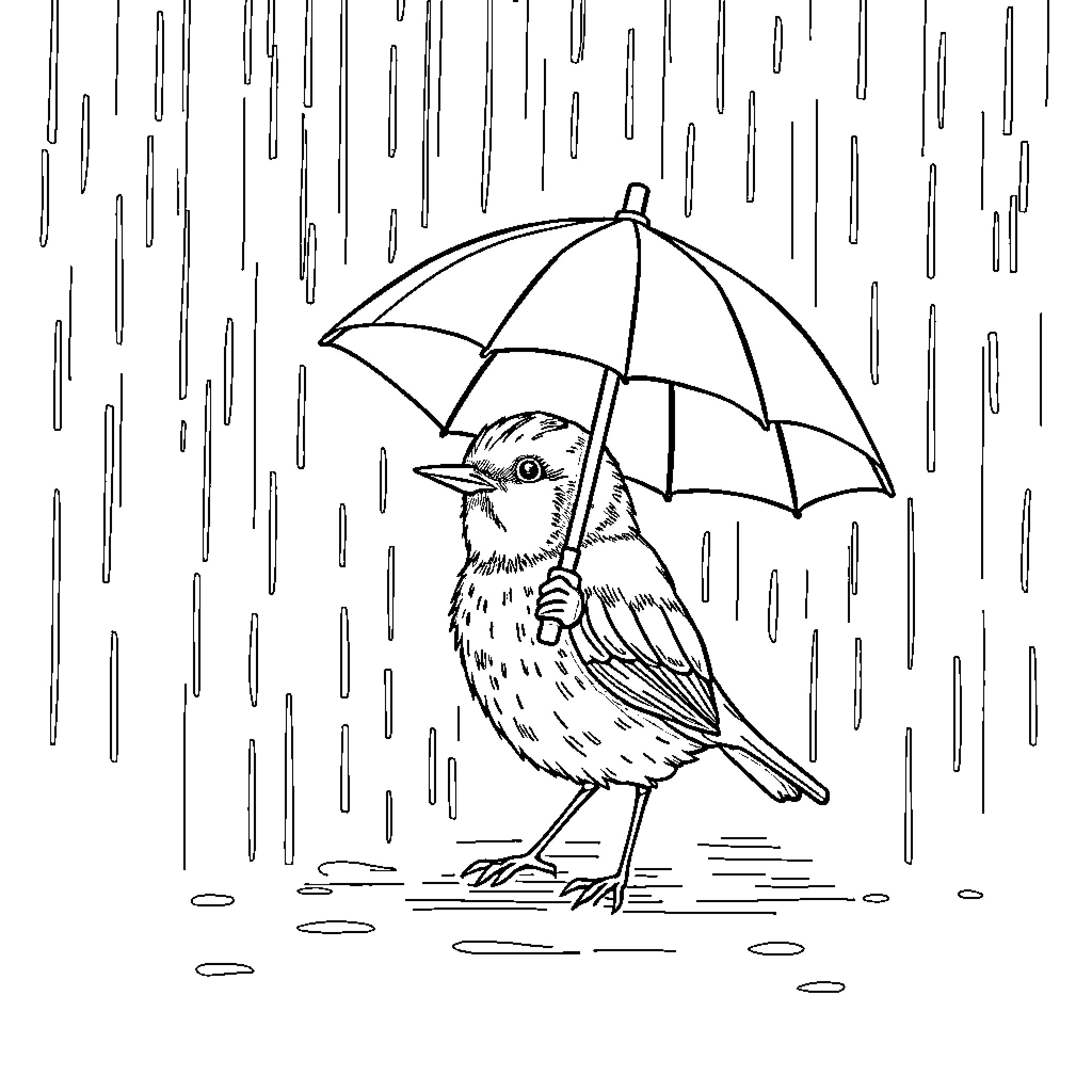 Bird with umbrella in rainy weather Coloring Page (free black-and-white line drawing printable PDF for all, from beginners to advanced learners, including children, teens, adults, and seniors)