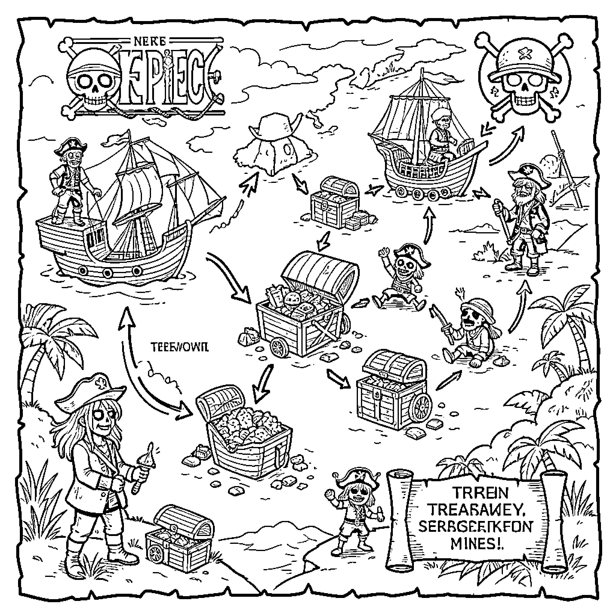 One Piece pirates exploring islands with treasure chests Coloring Page (free black-and-white line drawing printable PDF for all, from beginners to advanced learners, including children, teens, adults, and seniors)