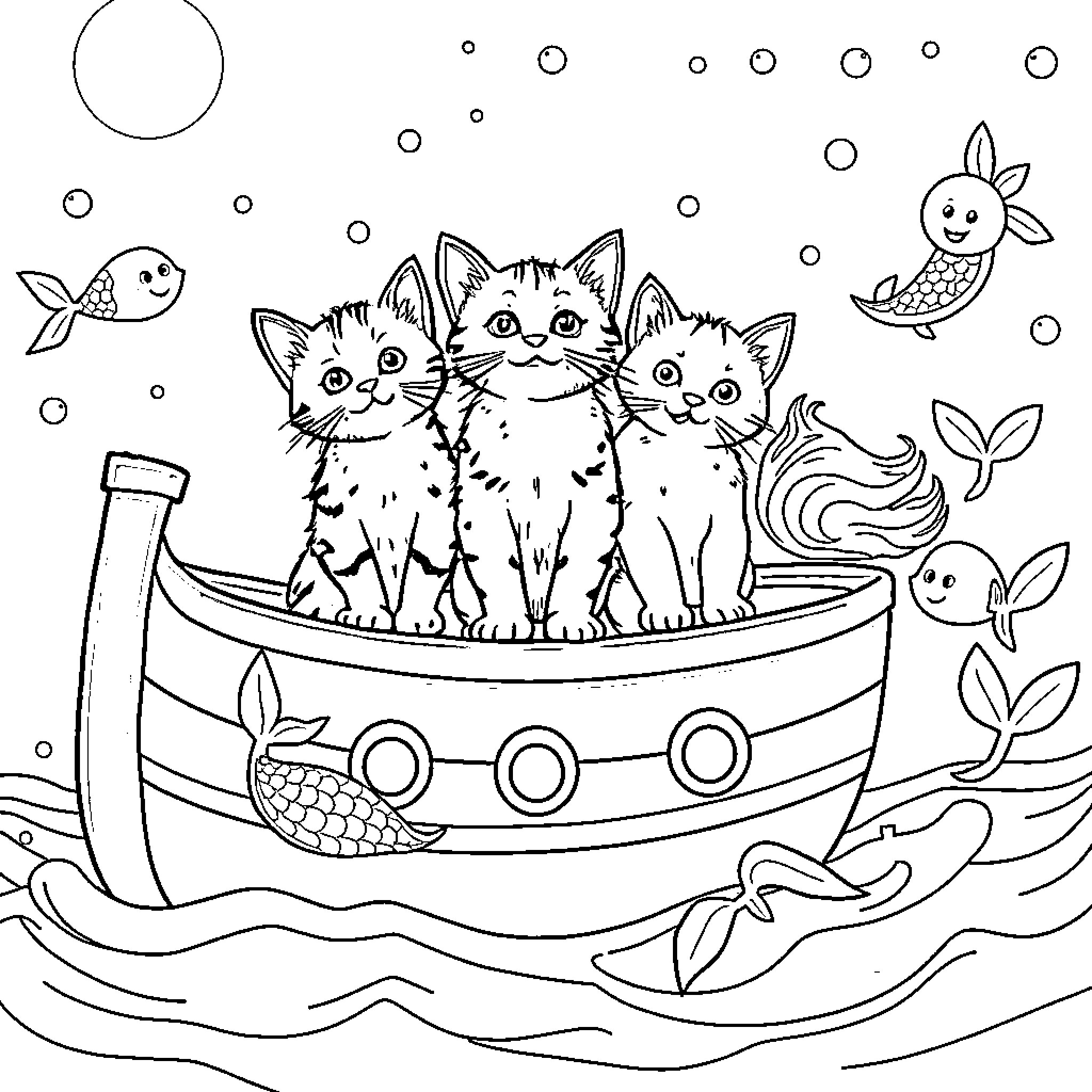 Cat Kittens Sailing Boat with Fish Coloring Page (free black-and-white line drawing printable PDF for all, from beginners to advanced learners, including children, teens, adults, and seniors)