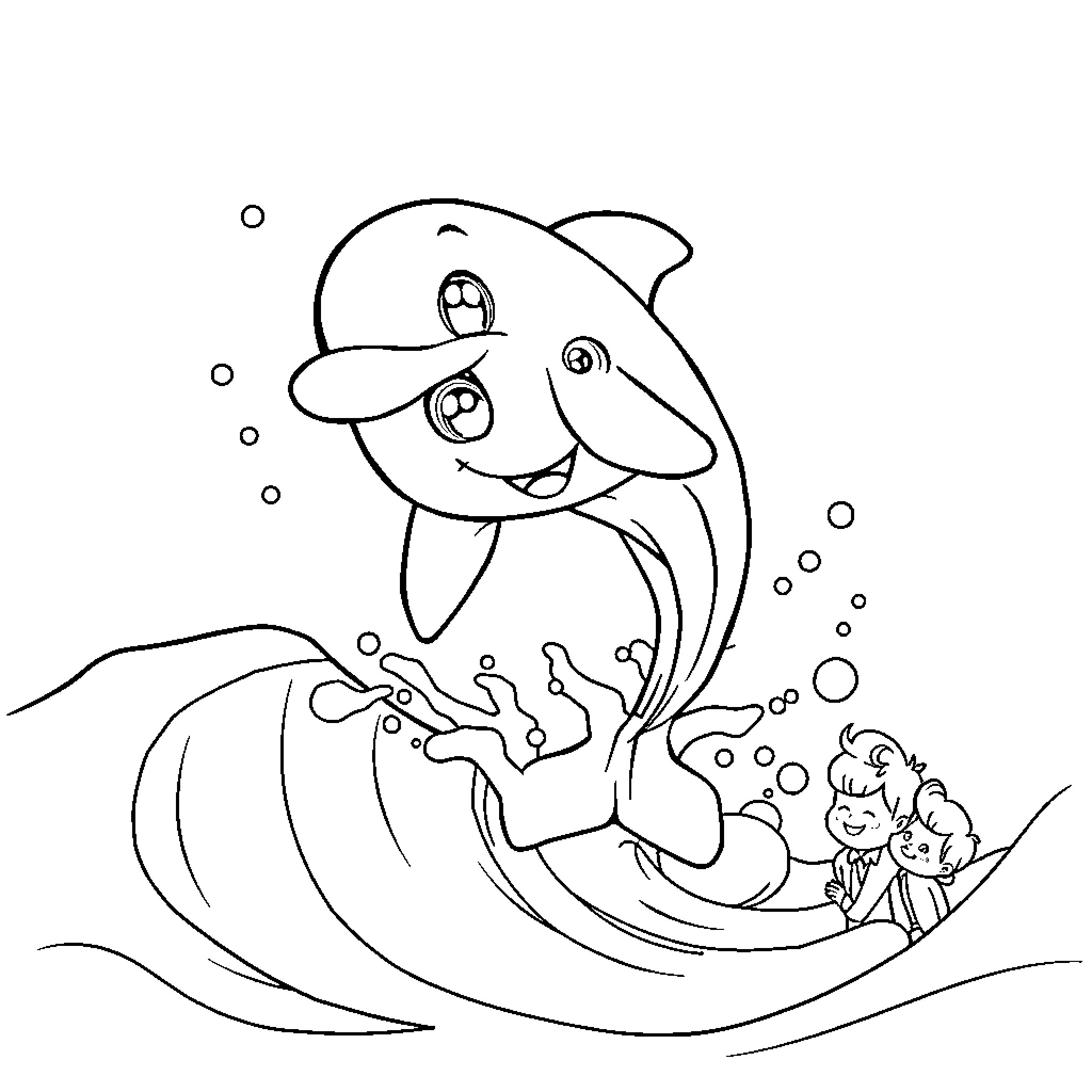 Dolphin splashing and playing with children Coloring Page (free black-and-white line drawing printable PDF for all, from beginners to advanced learners, including children, teens, adults, and seniors)