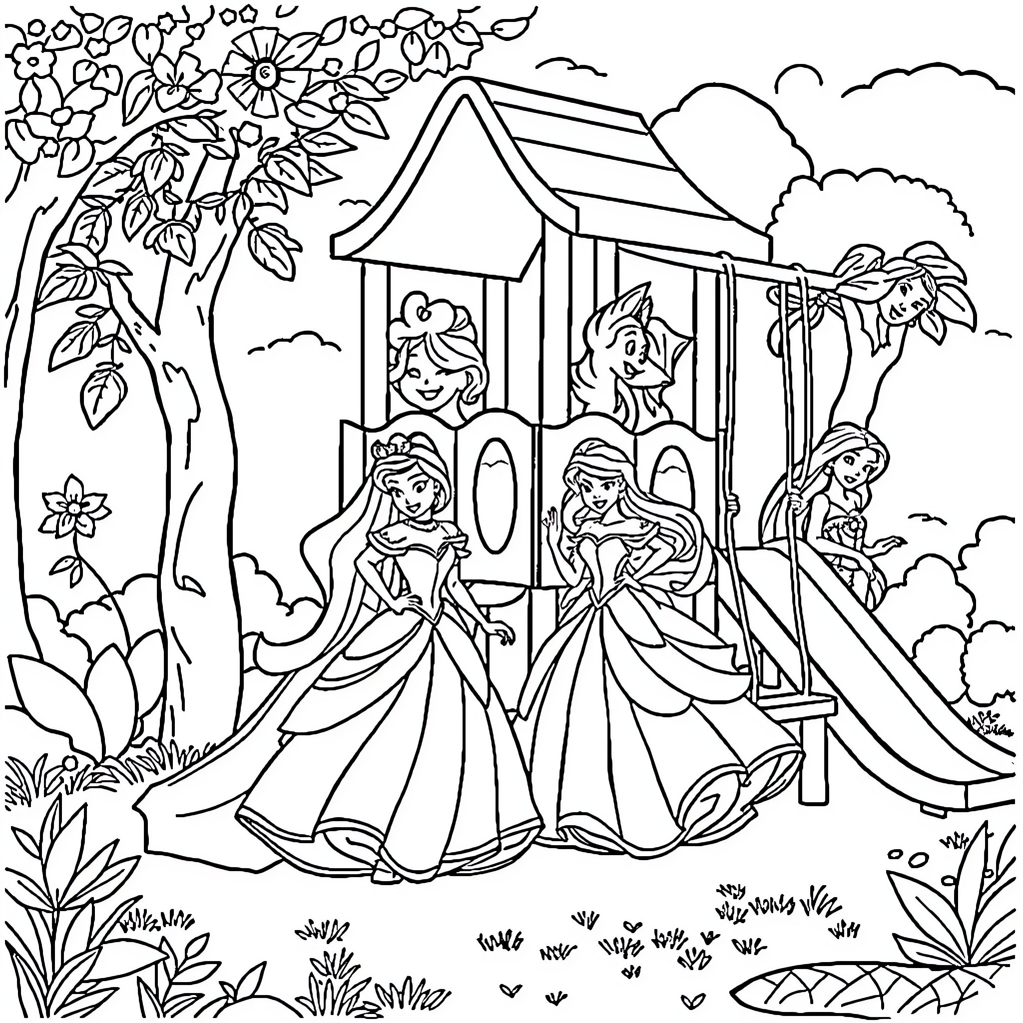 Disney Princess Fairytale Scene with Playhouse Coloring Page (free black-and-white line drawing printable PDF for all, from beginners to advanced learners, including children, teens, adults, and seniors)