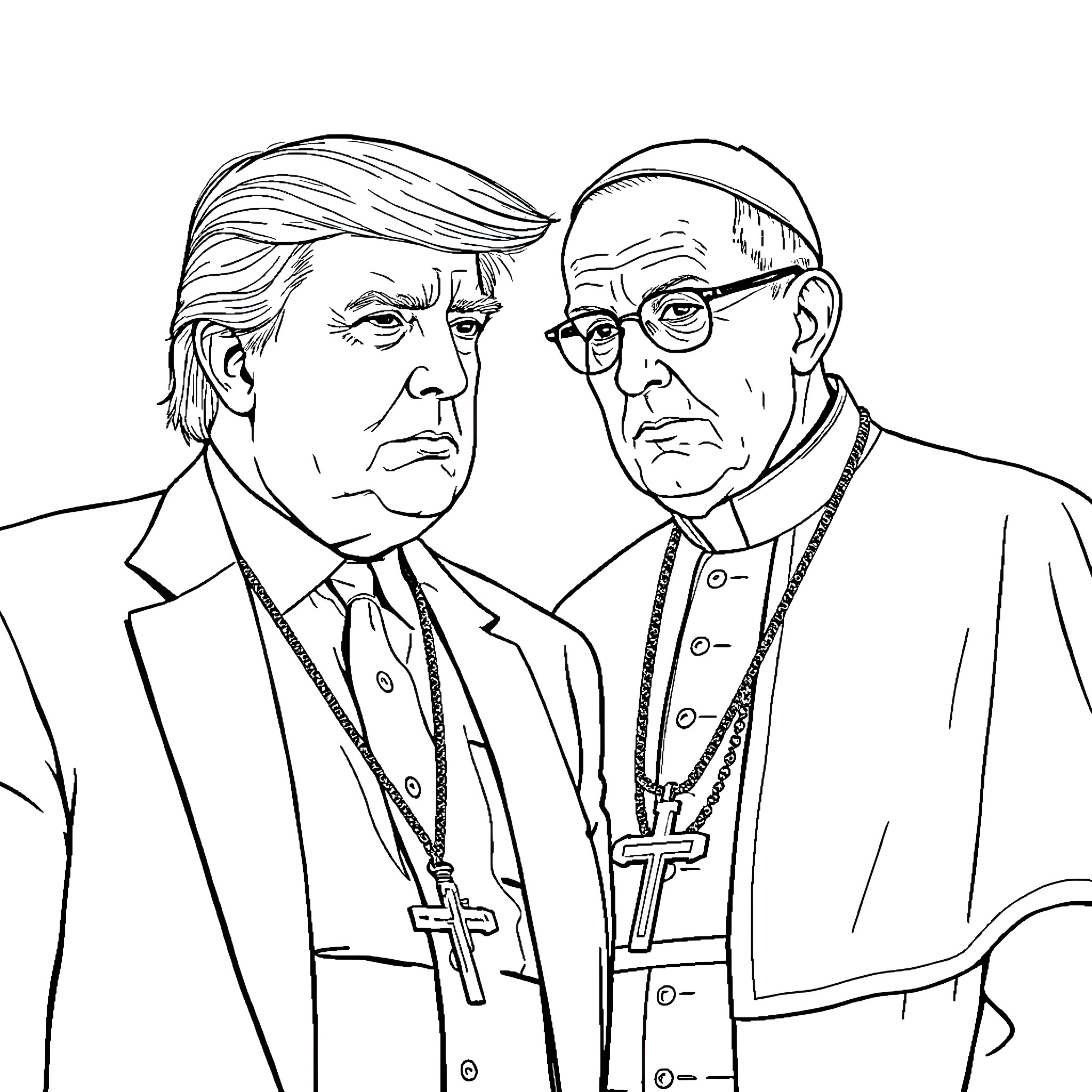 Donald Trump Meets with the Pope Coloring Page (free black-and-white line drawing printable PDF for all, from beginners to advanced learners, including children, teens, adults, and seniors)