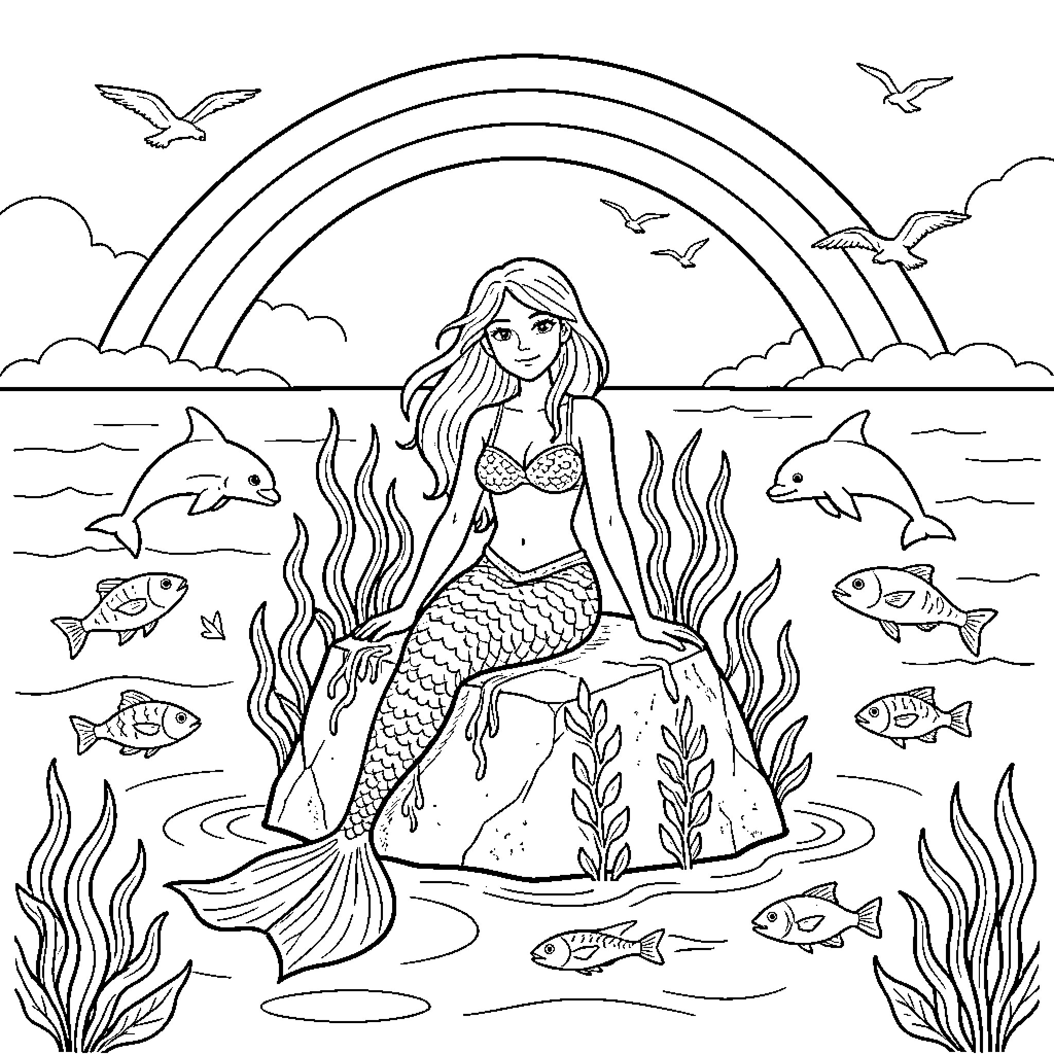 Mermaid sitting on a rock surrounded by sea life Coloring Page (free black-and-white line drawing printable PDF for all, from beginners to advanced learners, including children, teens, adults, and seniors)