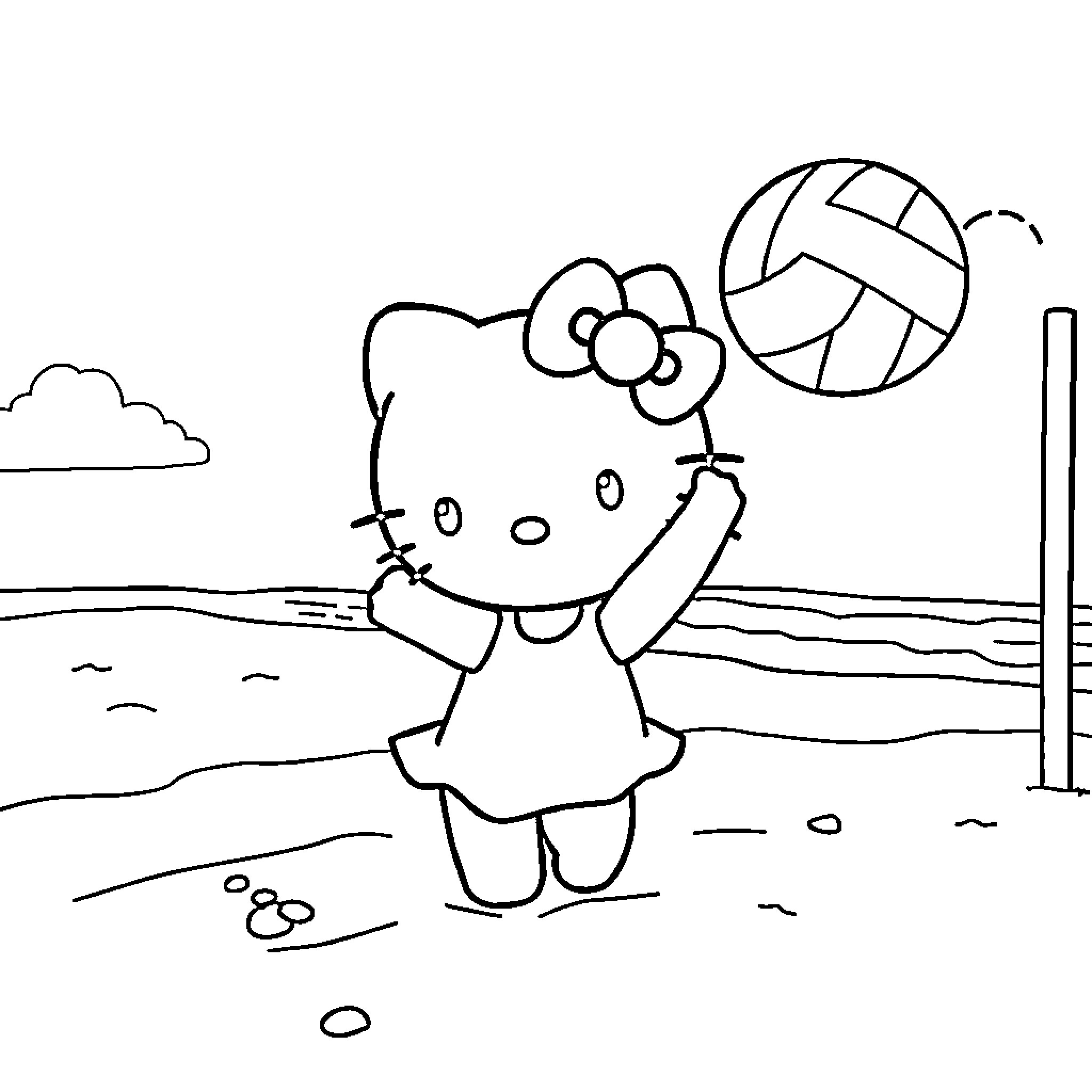 Hello Kitty playing with a volleyball on the beach Coloring Page (free black-and-white line drawing printable PDF for all, from beginners to advanced learners, including children, teens, adults, and seniors)