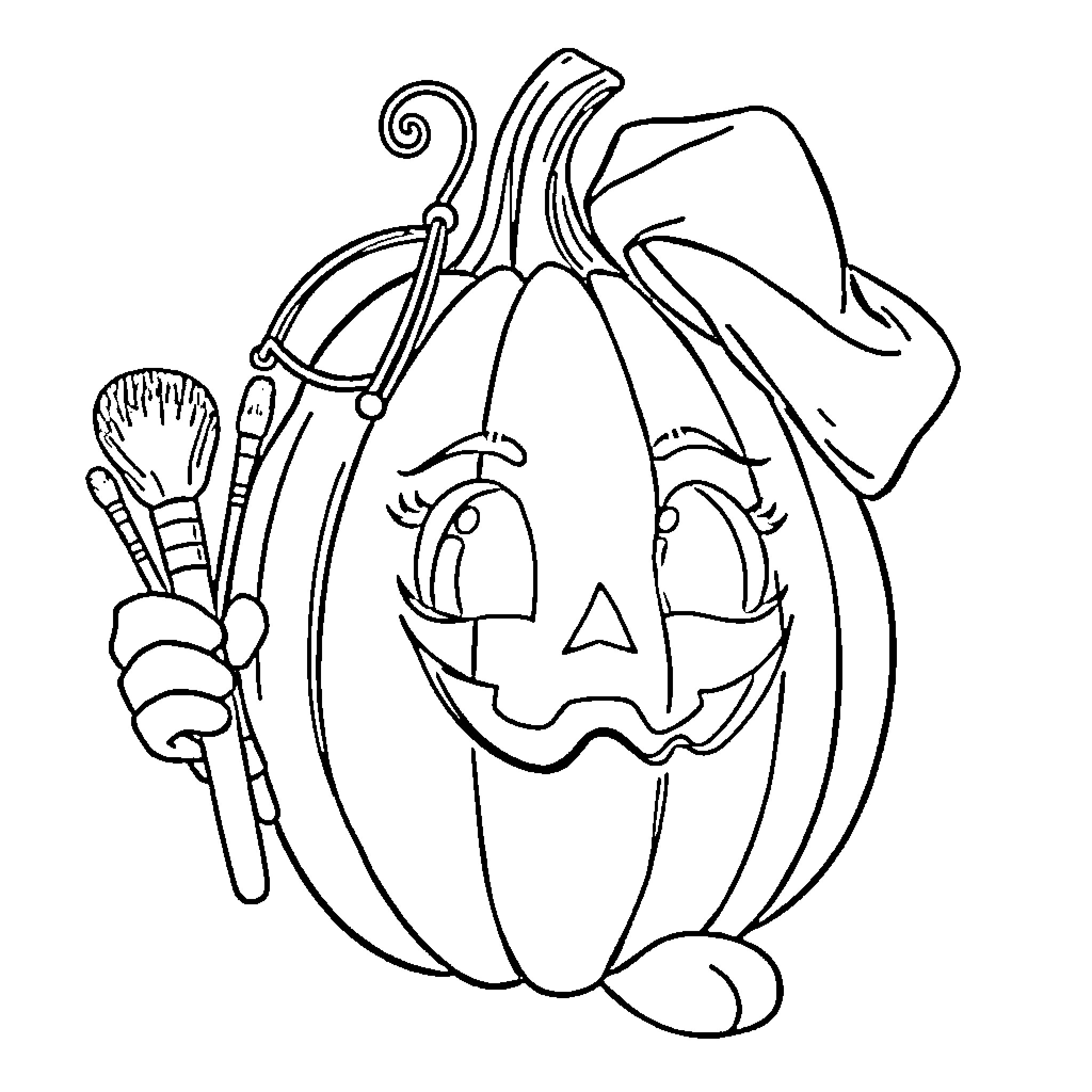 Pumpkin holding arts and crafts supplies Coloring Page (free black-and-white line drawing printable PDF for all, from beginners to advanced learners, including children, teens, adults, and seniors)