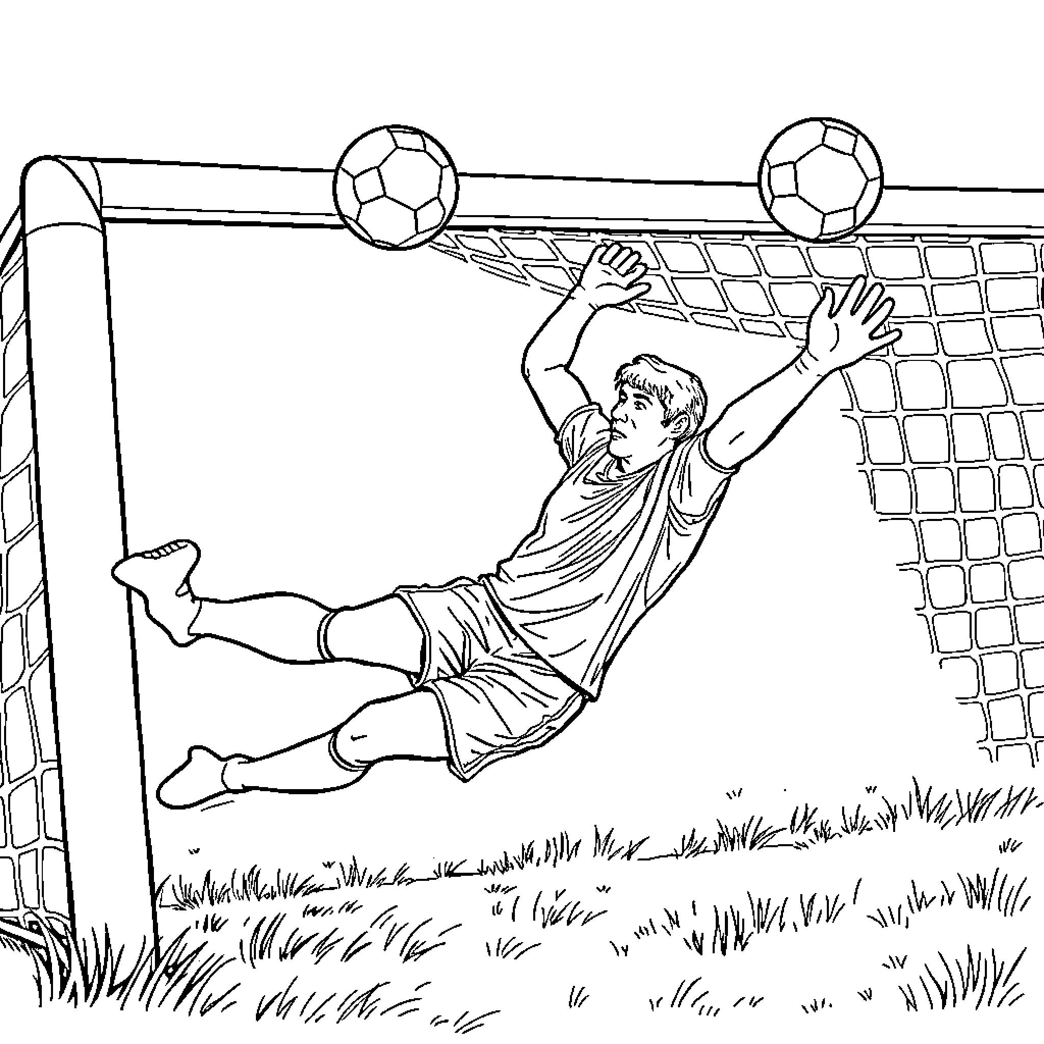 Soccer Goalie Diving to Make a Save Coloring Page (free black-and-white line drawing printable PDF for all, from beginners to advanced learners, including children, teens, adults, and seniors)
