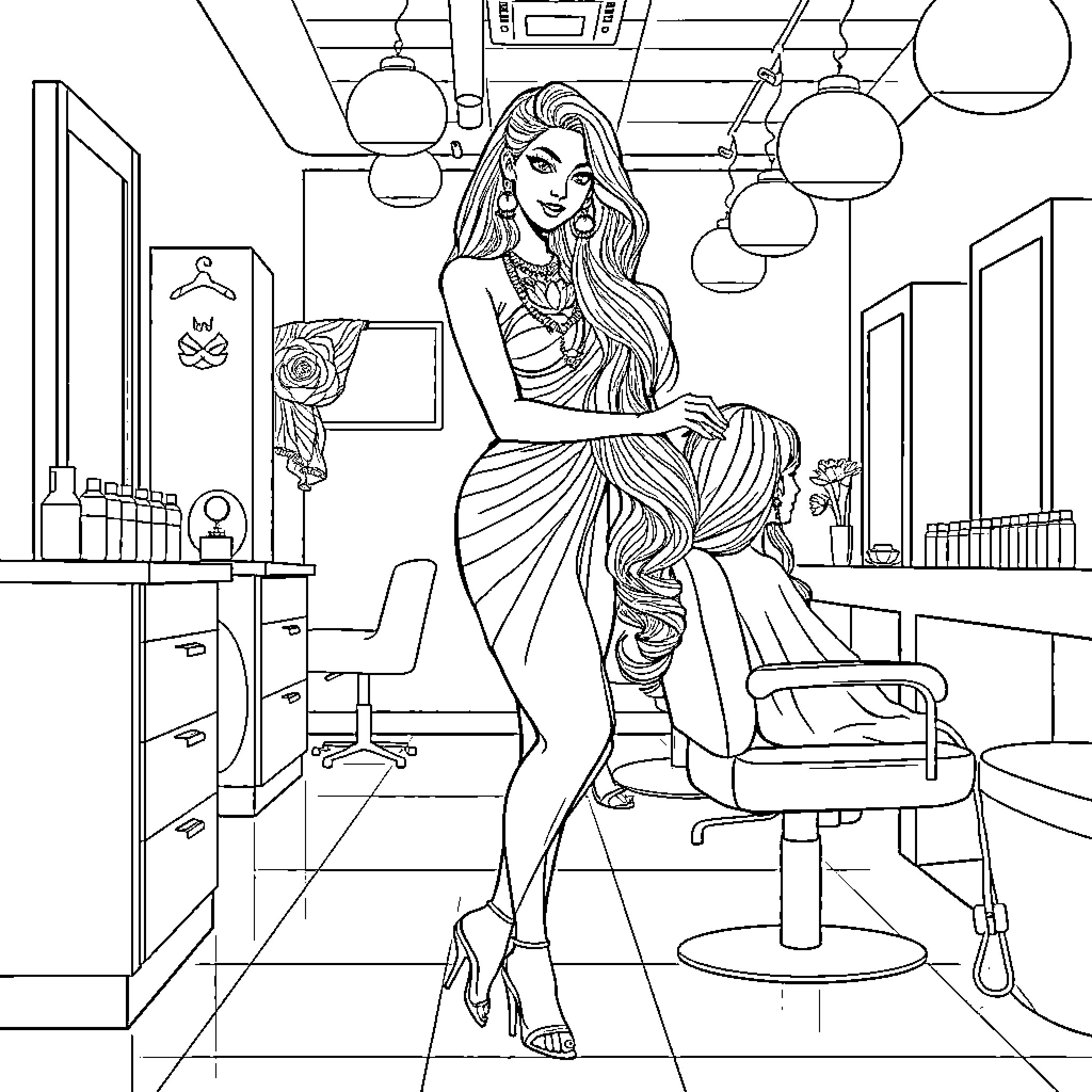 Girl in a stylish beauty salon Coloring Page (free black-and-white line drawing printable PDF for all, from beginners to advanced learners, including children, teens, adults, and seniors)