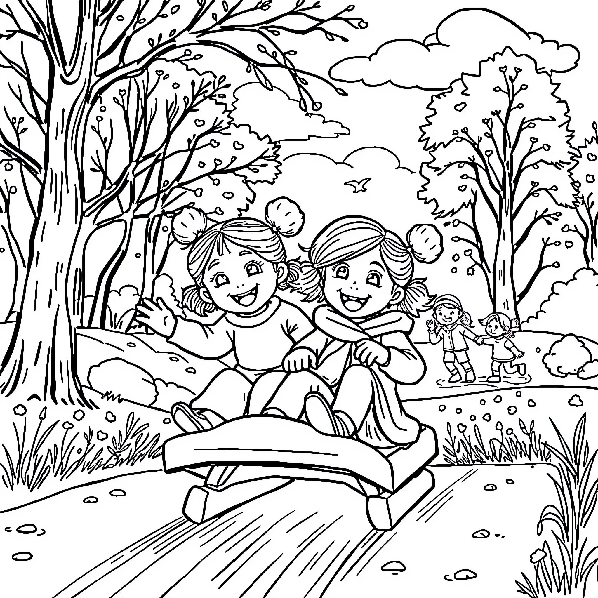 Filles playing in the enchanting forest Coloring Page (free black-and-white line drawing printable PDF for all, from beginners to advanced learners, including children, teens, adults, and seniors)