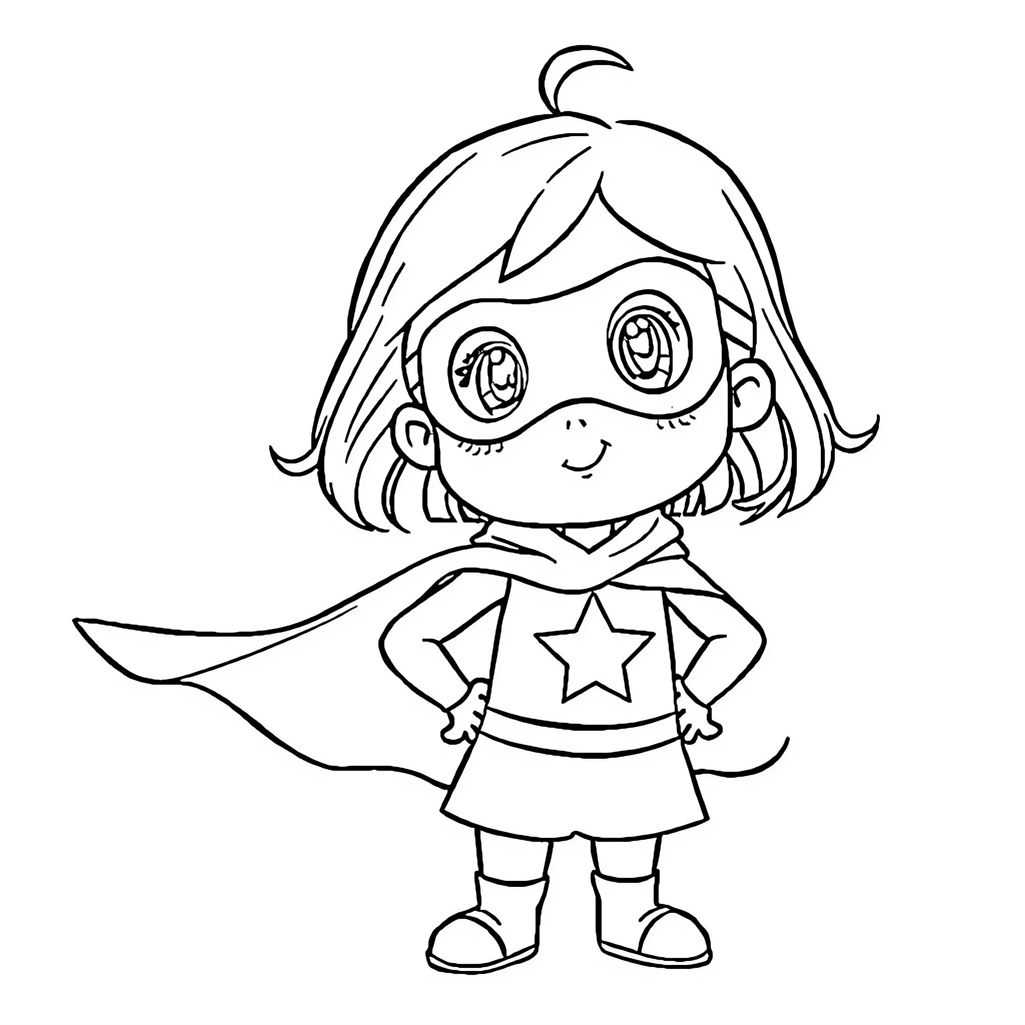 Baby Girl Superhero in Costume Coloring Page (free black-and-white line drawing printable PDF for all, from beginners to advanced learners, including children, teens, adults, and seniors)