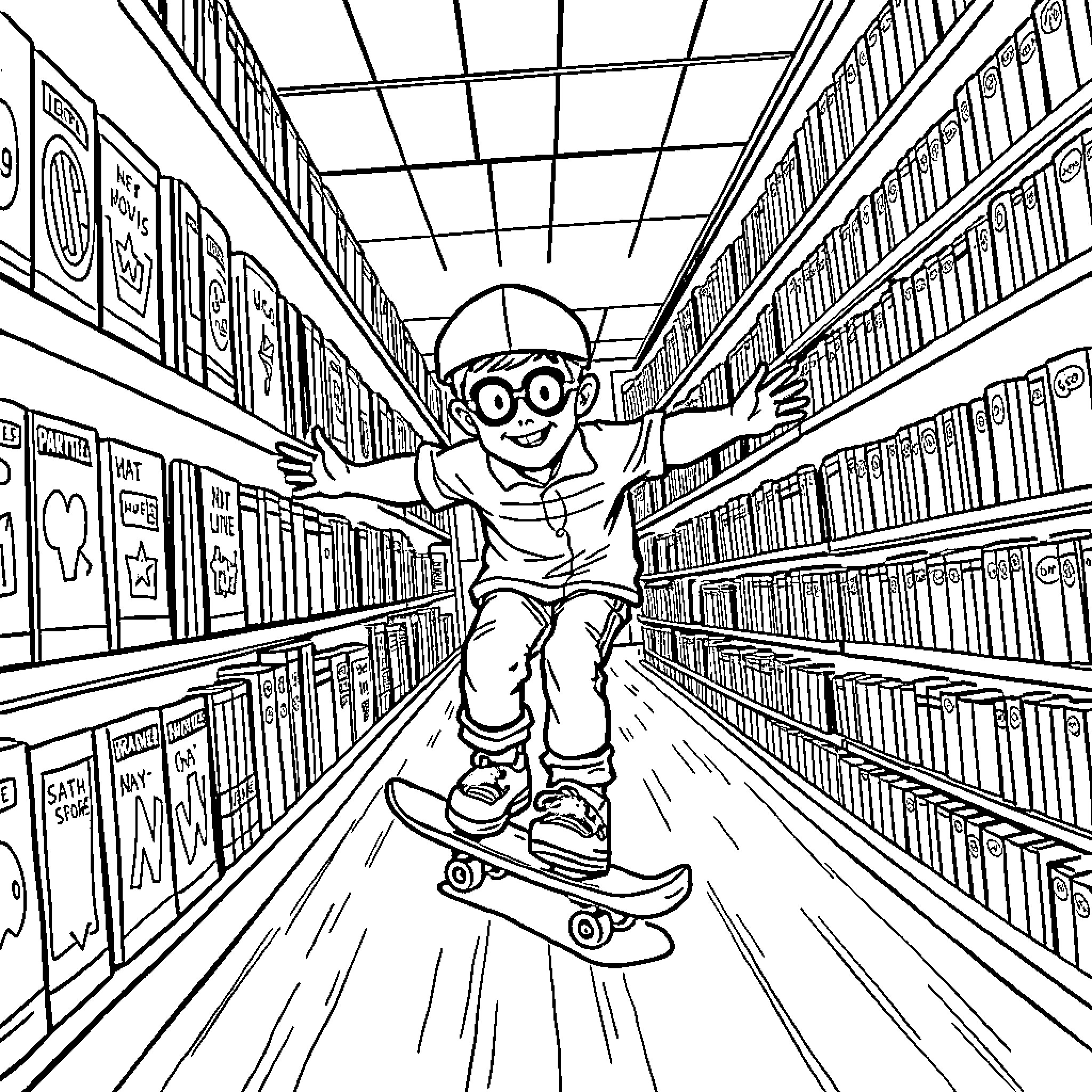 Geoffery skateboarding through the library shelves Coloring Page (free black-and-white line drawing printable PDF for all, from beginners to advanced learners, including children, teens, adults, and seniors)