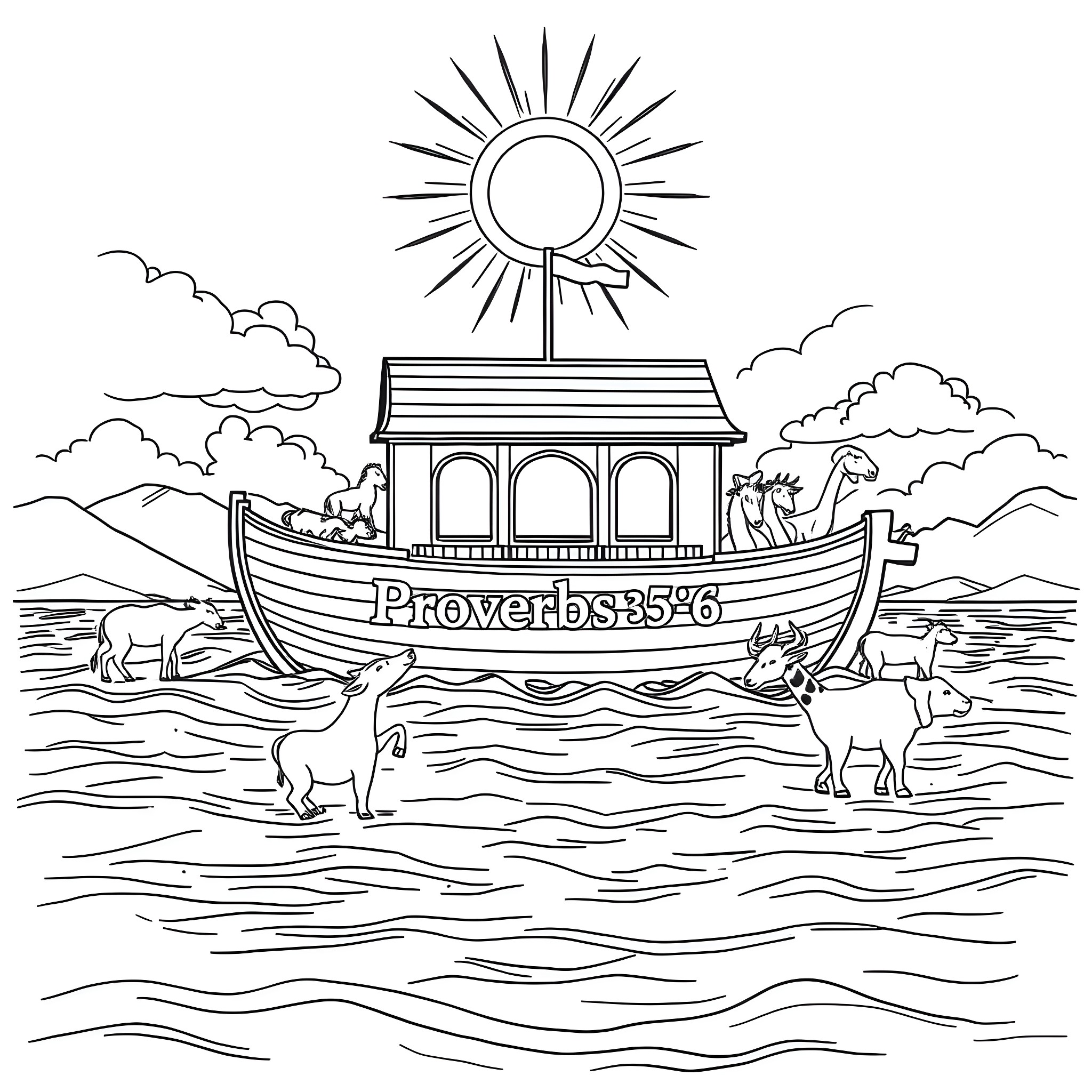 Noah's Ark carrying animals across the sea Coloring Page (free black-and-white line drawing printable PDF for all, from beginners to advanced learners, including children, teens, adults, and seniors)