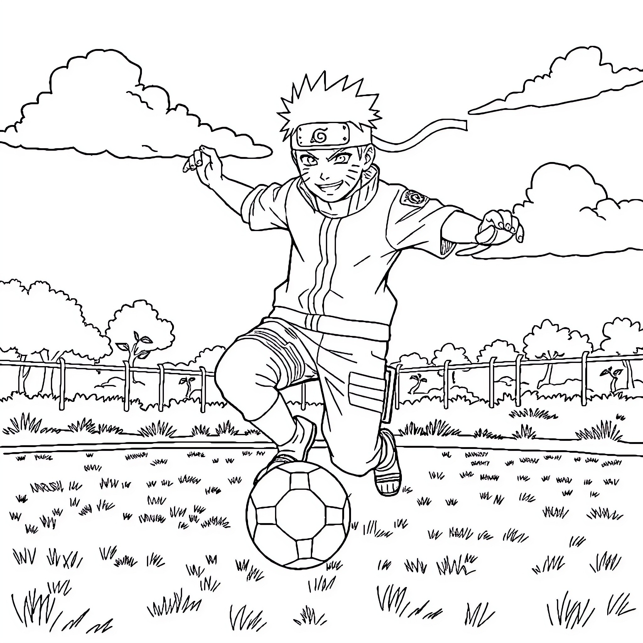 Naruto playing with soccer ball in outdoor field Coloring Page (free black-and-white line drawing printable PDF for all, from beginners to advanced learners, including children, teens, adults, and seniors)