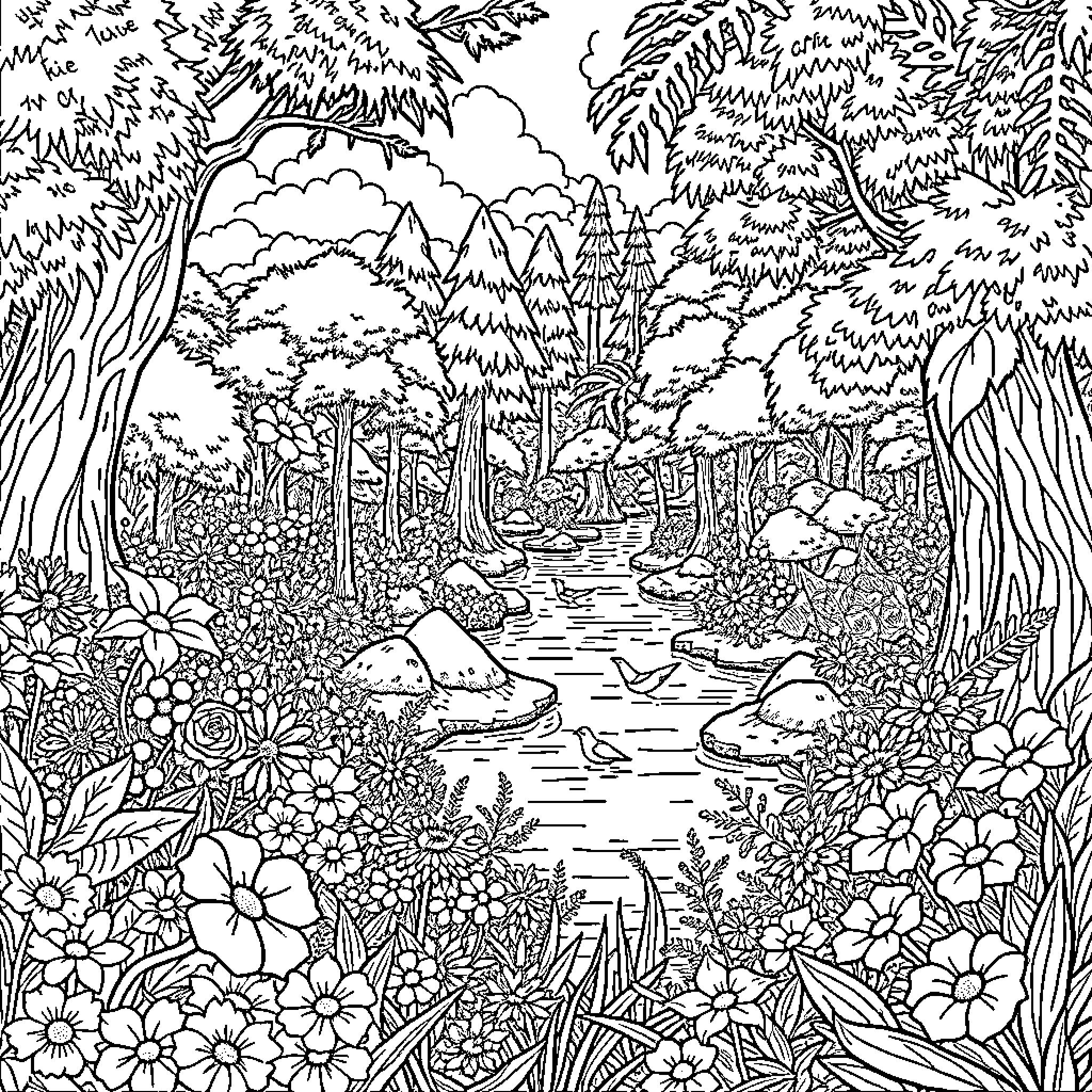Garden with Lush Vegetation and Flowing Stream Coloring Page (free black-and-white line drawing printable PDF for all, from beginners to advanced learners, including children, teens, adults, and seniors)