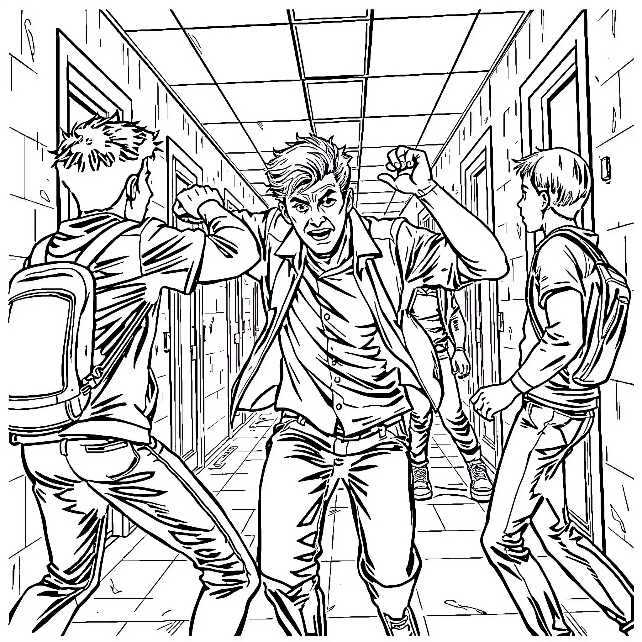Guy in a confrontational dispute in school hallway Coloring Page (free black-and-white line drawing printable PDF for all, from beginners to advanced learners, including children, teens, adults, and seniors)