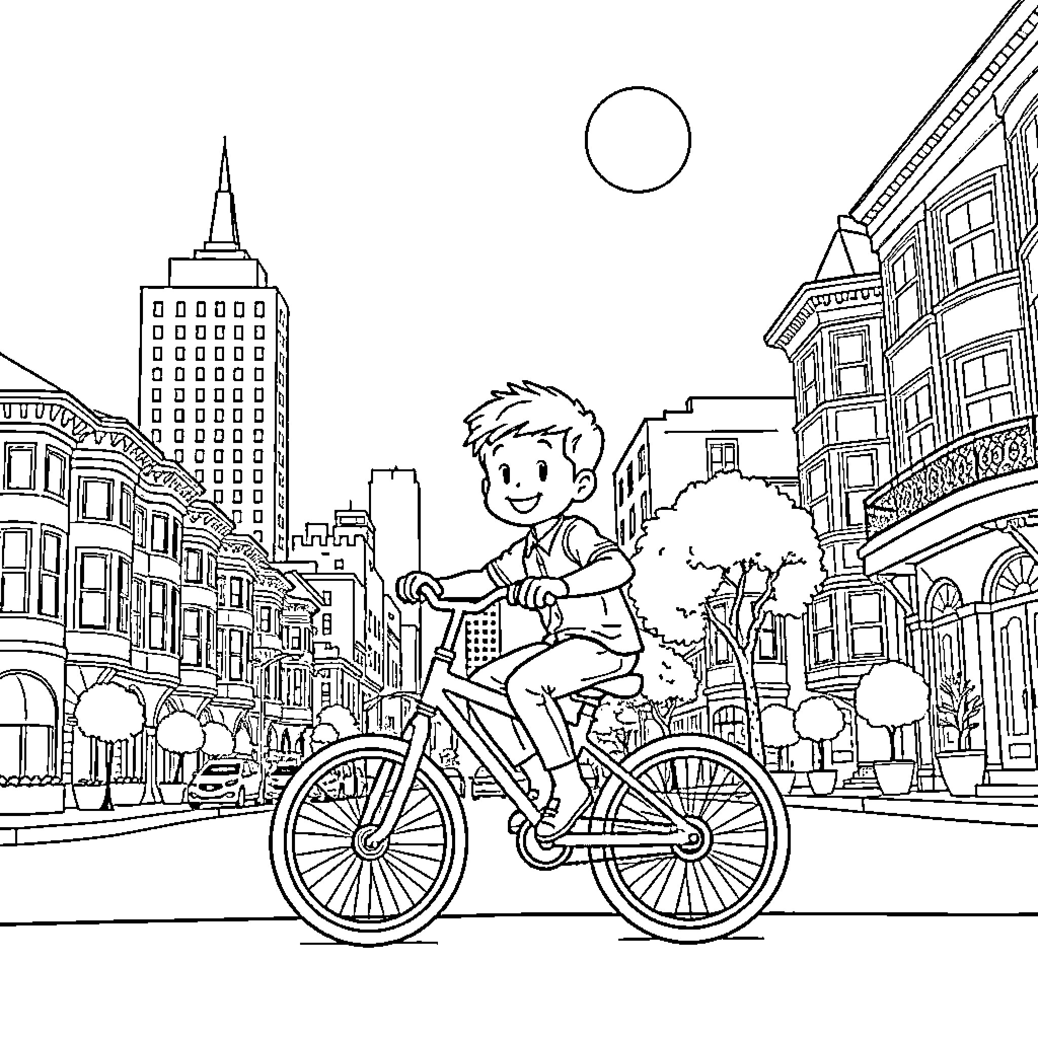 Boy cycling happily through the city streets Coloring Page (free black-and-white line drawing printable PDF for all, from beginners to advanced learners, including children, teens, adults, and seniors)