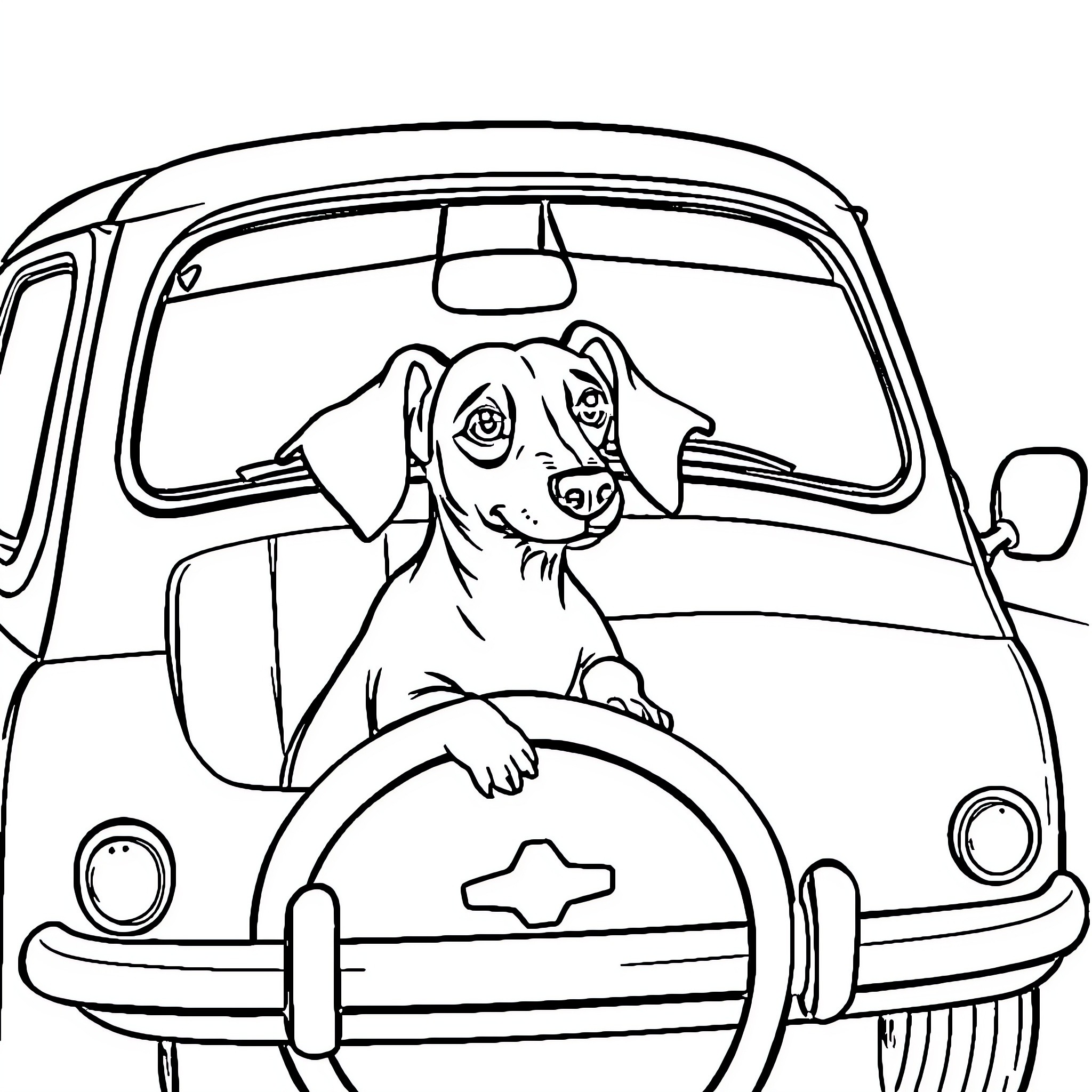 Dachshund driving a retro car Coloring Page (free black-and-white line drawing printable PDF for all, from beginners to advanced learners, including children, teens, adults, and seniors)