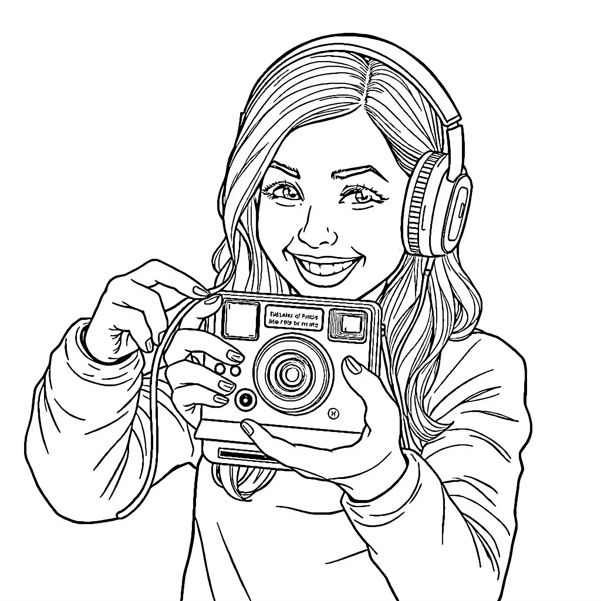 Girl capturing moments with her camera Coloring Page (free black-and-white line drawing printable PDF for all, from beginners to advanced learners, including children, teens, adults, and seniors)