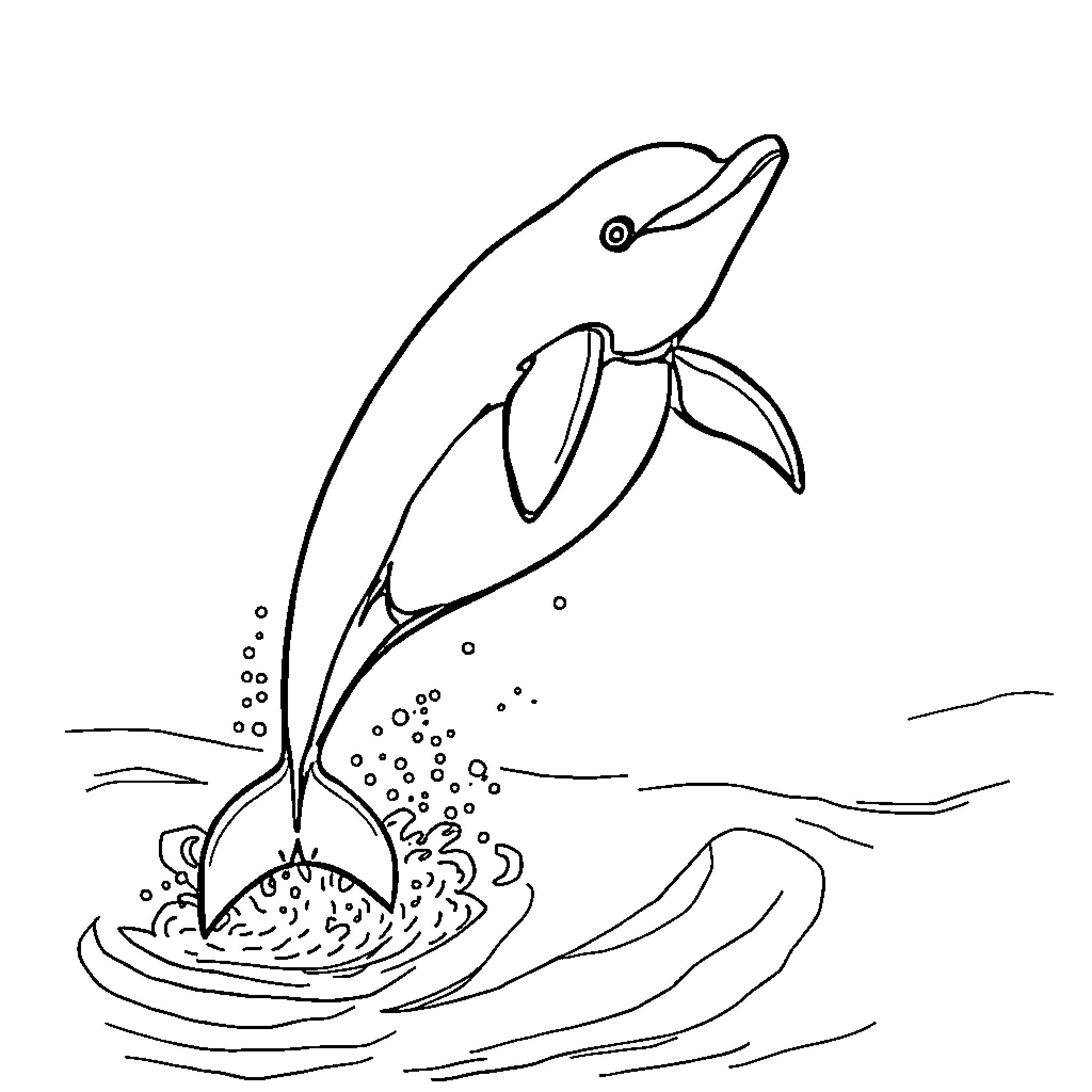 Dolphin jumping gracefully from the ocean Coloring Page (free black-and-white line drawing printable PDF for all, from beginners to advanced learners, including children, teens, adults, and seniors)