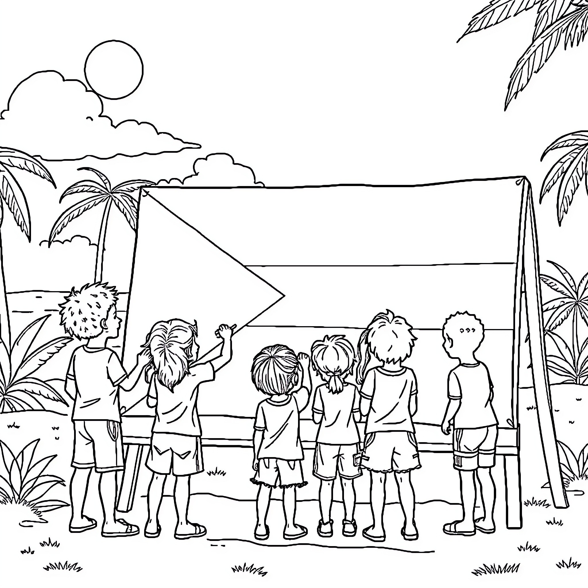 Child group playing outdoors on the beach Coloring Page (free black-and-white line drawing printable PDF for all, from beginners to advanced learners, including children, teens, adults, and seniors)