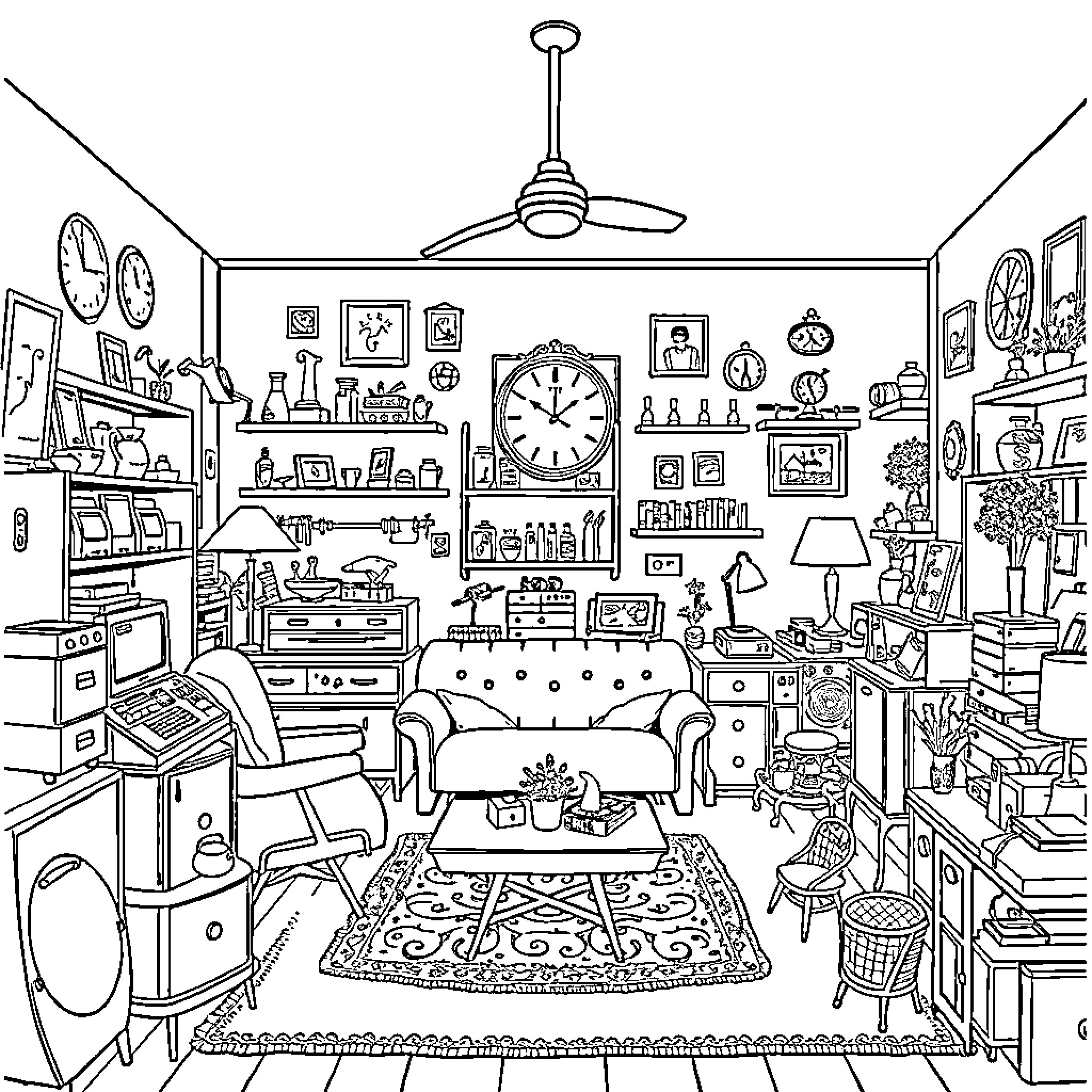 Room filled with various objects and furniture Coloring Page (free black-and-white line drawing printable PDF for all, from beginners to advanced learners, including children, teens, adults, and seniors)