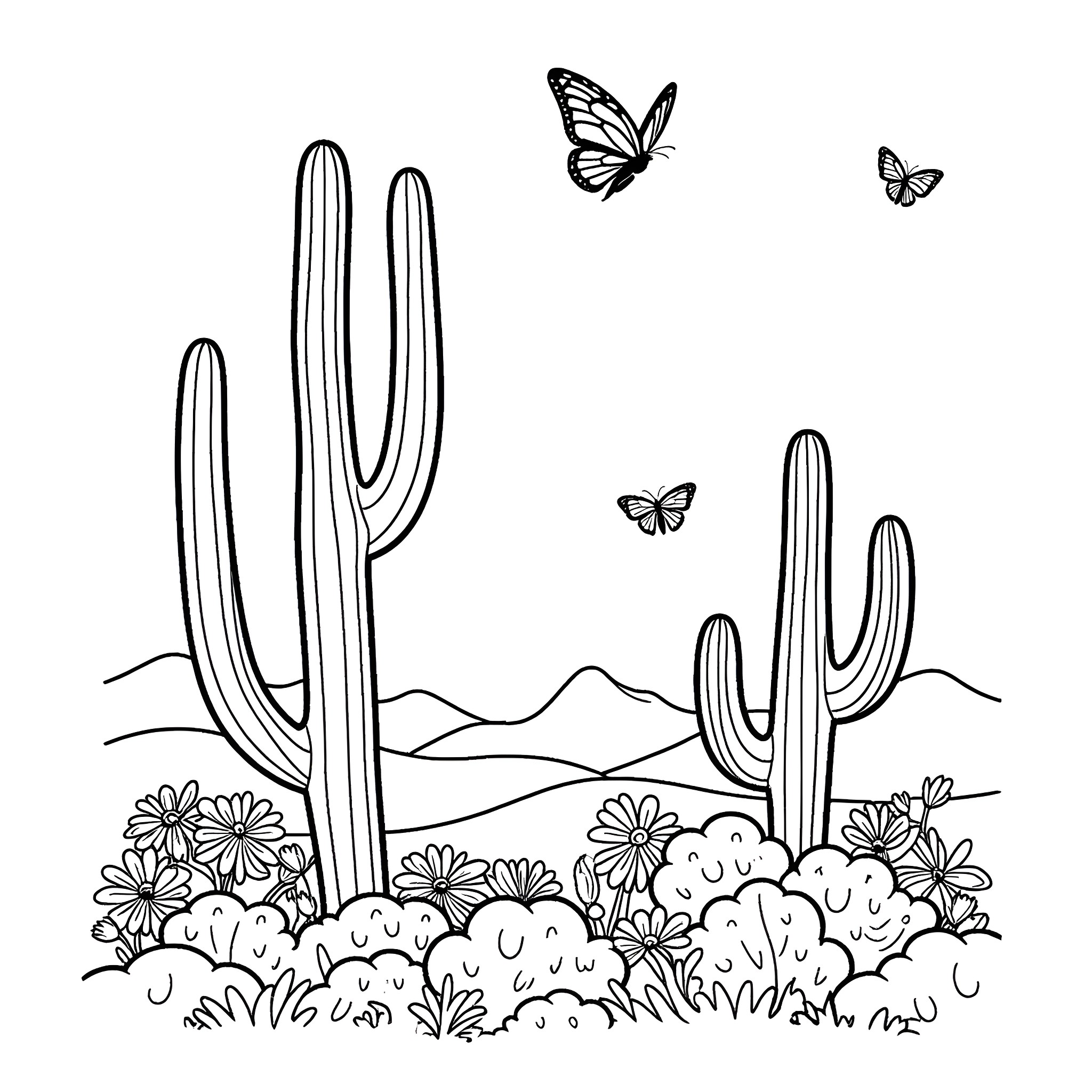 Cactus and butterflies in desert landscape Coloring Page (free black-and-white line drawing printable PDF for all, from beginners to advanced learners, including children, teens, adults, and seniors)