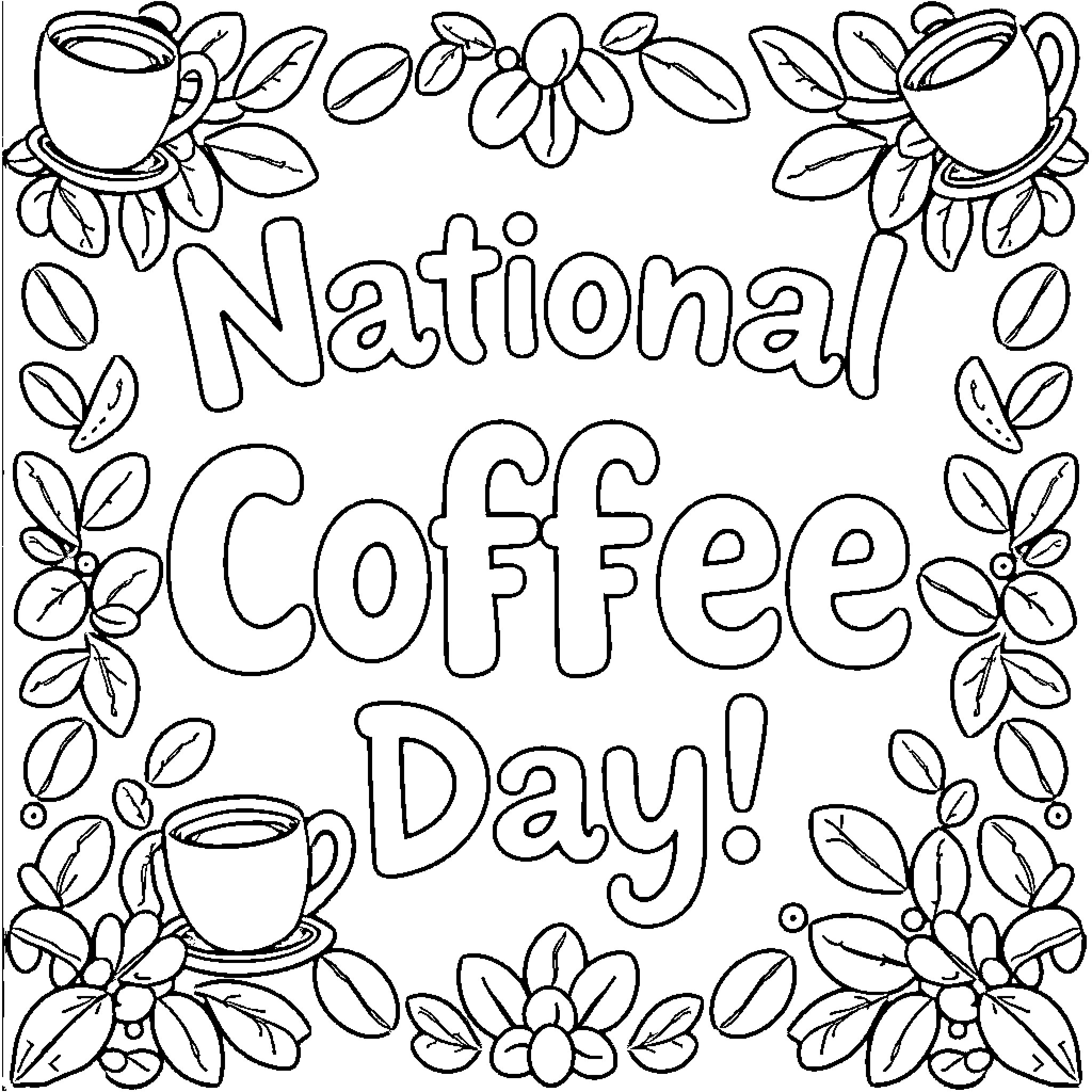 Coffee Celebration with Floral Elements Coloring Page (free black-and-white line drawing printable PDF for all, from beginners to advanced learners, including children, teens, adults, and seniors)