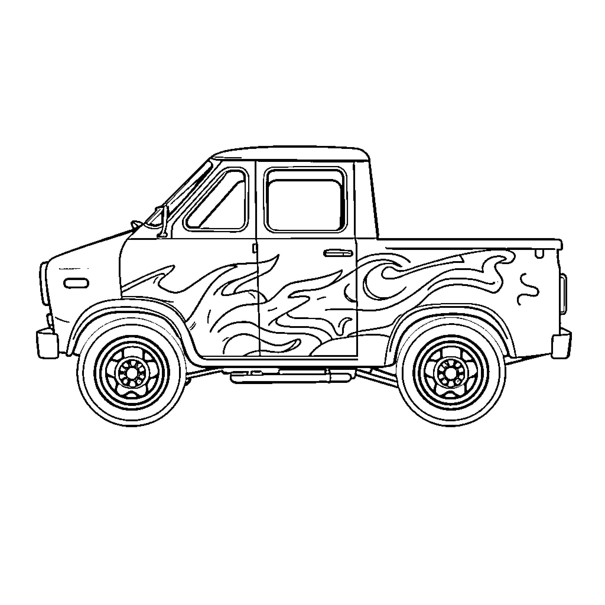 Truck with customized flames design Coloring Page (free black-and-white line drawing printable PDF for all, from beginners to advanced learners, including children, teens, adults, and seniors)