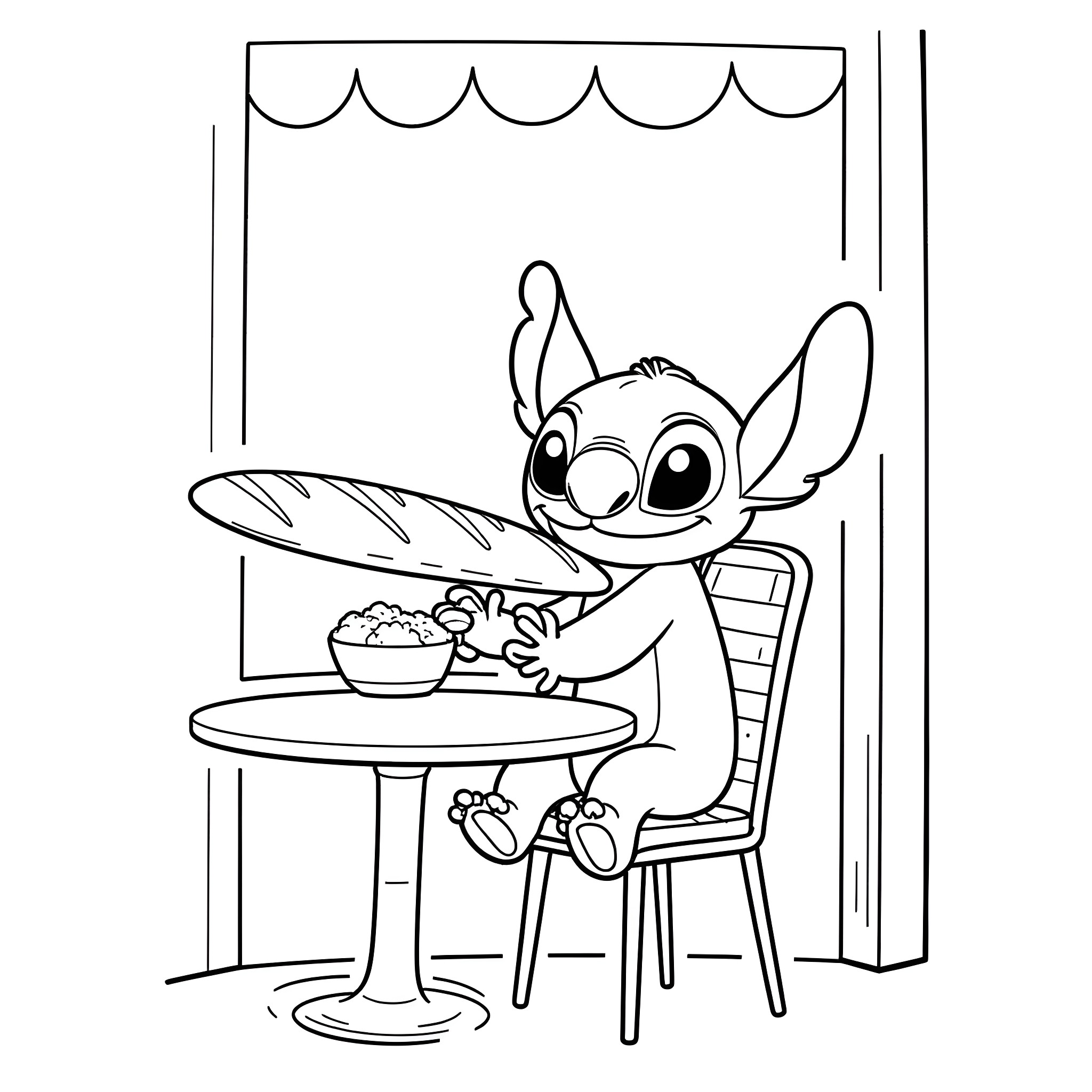 Stitch enjoying a snack at the table Coloring Page (free black-and-white line drawing printable PDF for all, from beginners to advanced learners, including children, teens, adults, and seniors)