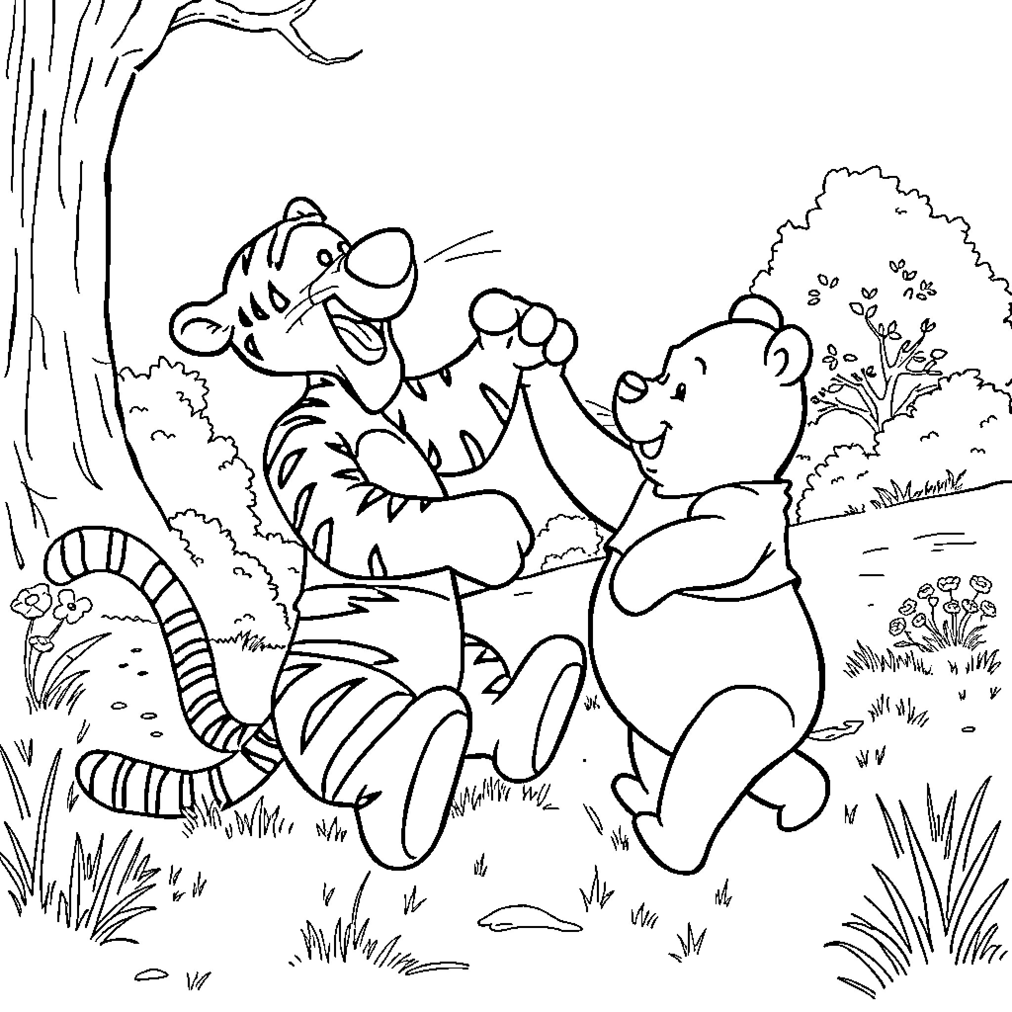 Tigger playing joyfully with Winnie the Pooh in the forest Coloring Page (free black-and-white line drawing printable PDF for all, from beginners to advanced learners, including children, teens, adults, and seniors)